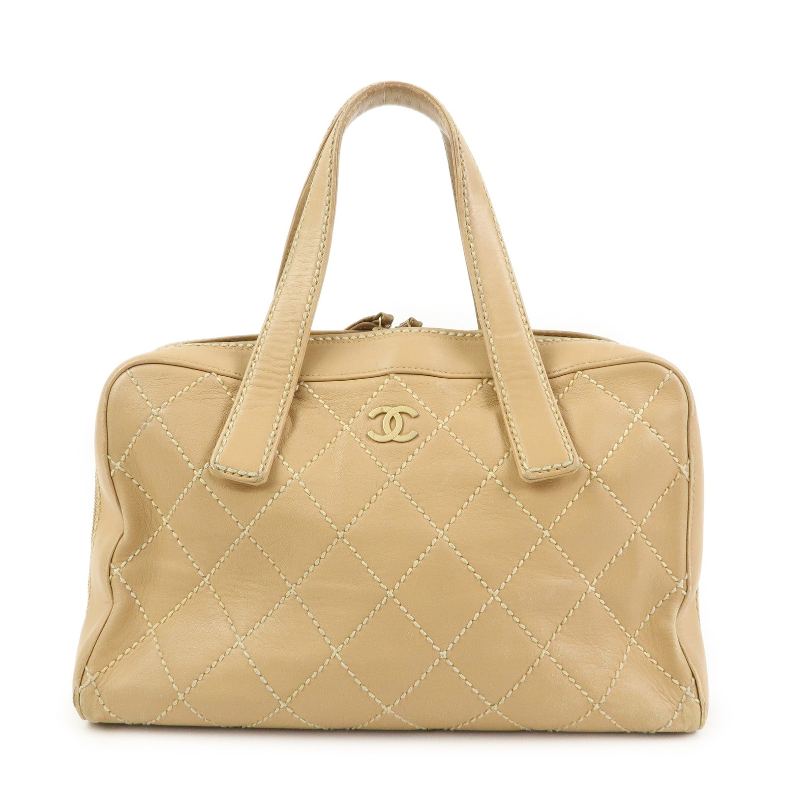 CHANEL Wild Stitch Calf Leather Boston Bag Hand Bag Beige