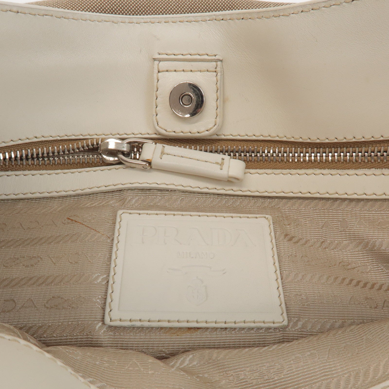 PRADA Jacquard Canvas Leather Shoulder Bag Hand Bag Beige Ivory