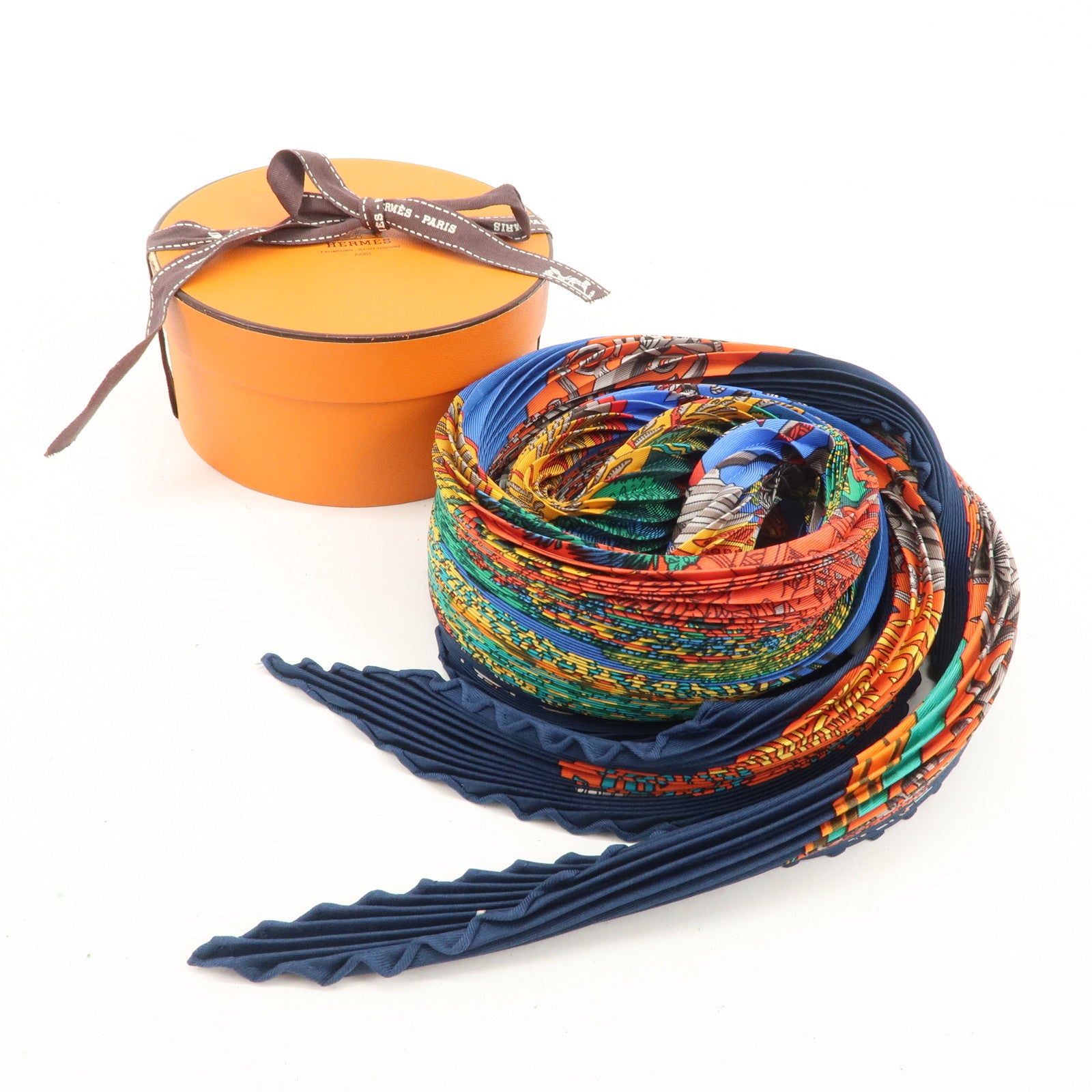 HERMES Silk 100% Pleats Carre Scarf L'ATLANTiDE Navy Red Used