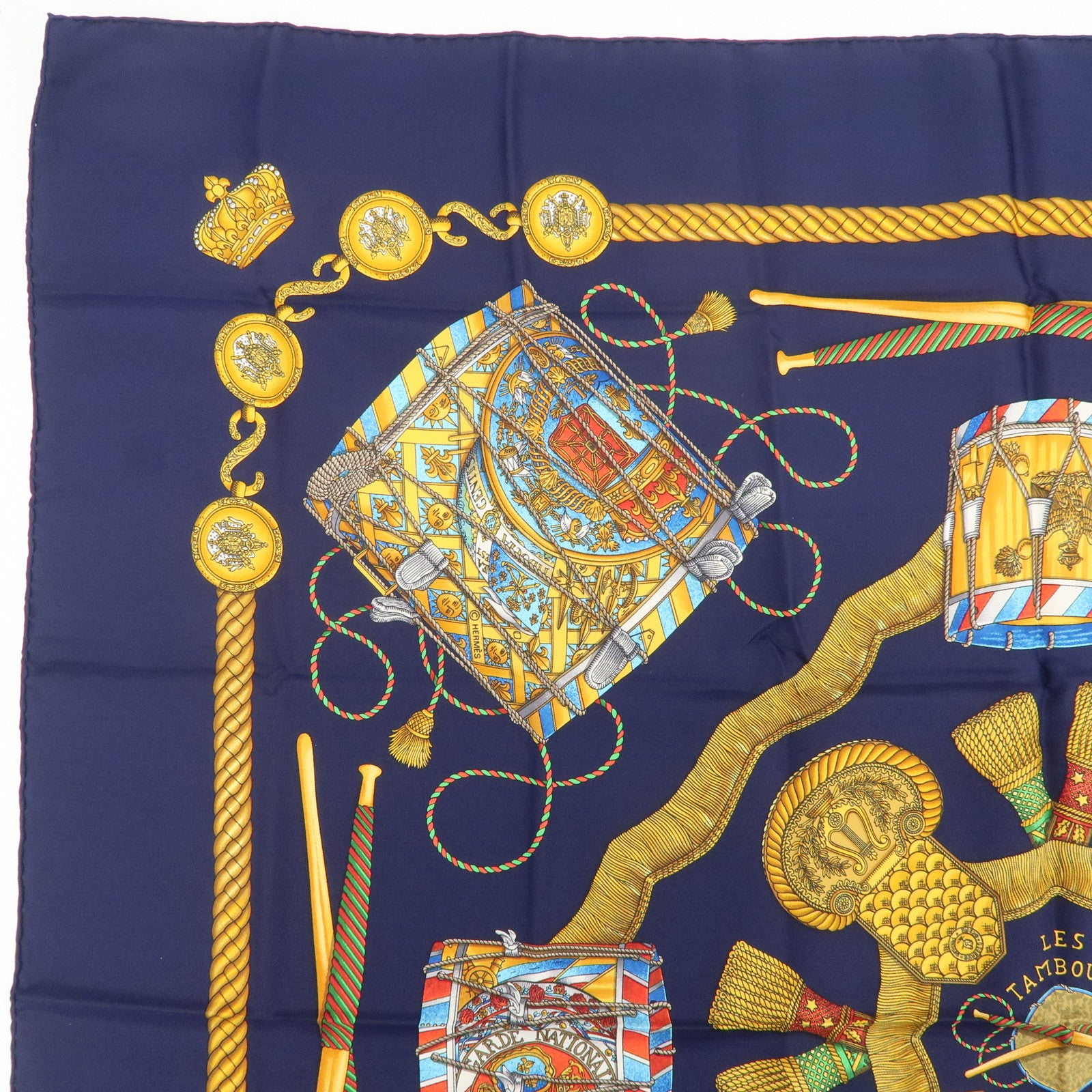 HERMES Carre 90 Silk 100% LES TAMBOURS Scarf Navy Gold