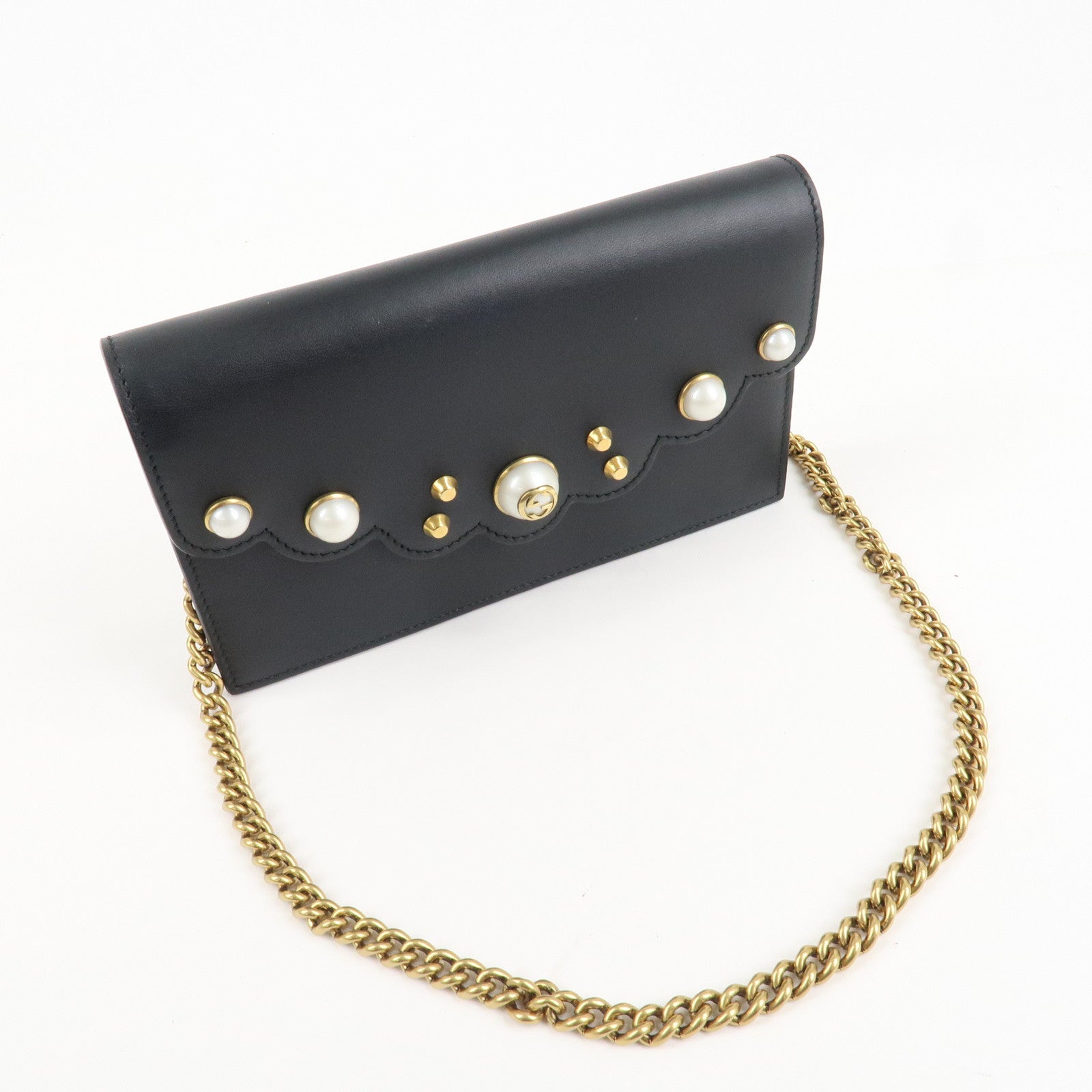 GUCCI GG Marmont Leather Chain Wallet Gold HDW Black 431478 Used