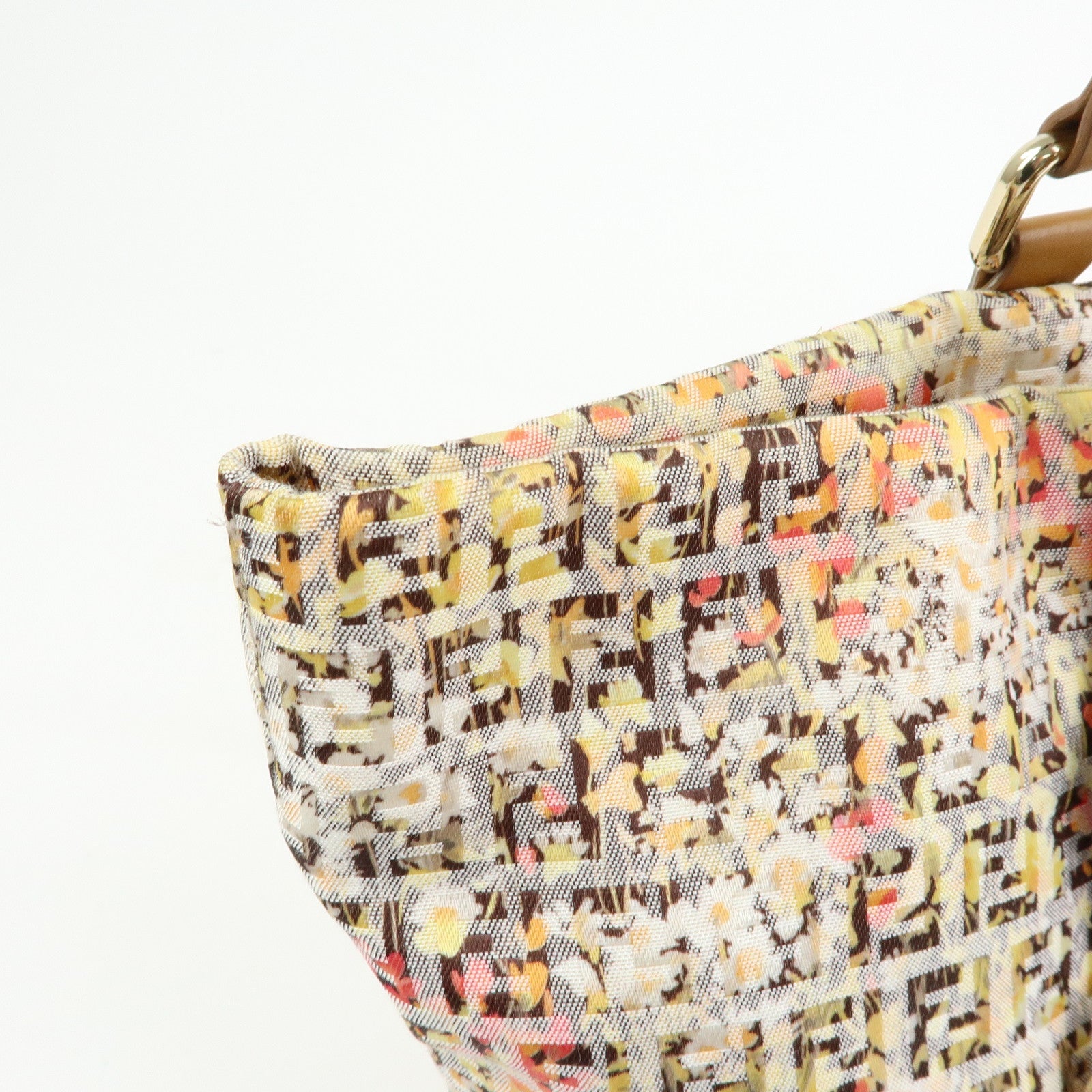 FENDI Zucchino Canvas Leather Flower Print Tote Bag Hand Bag 8BH215
