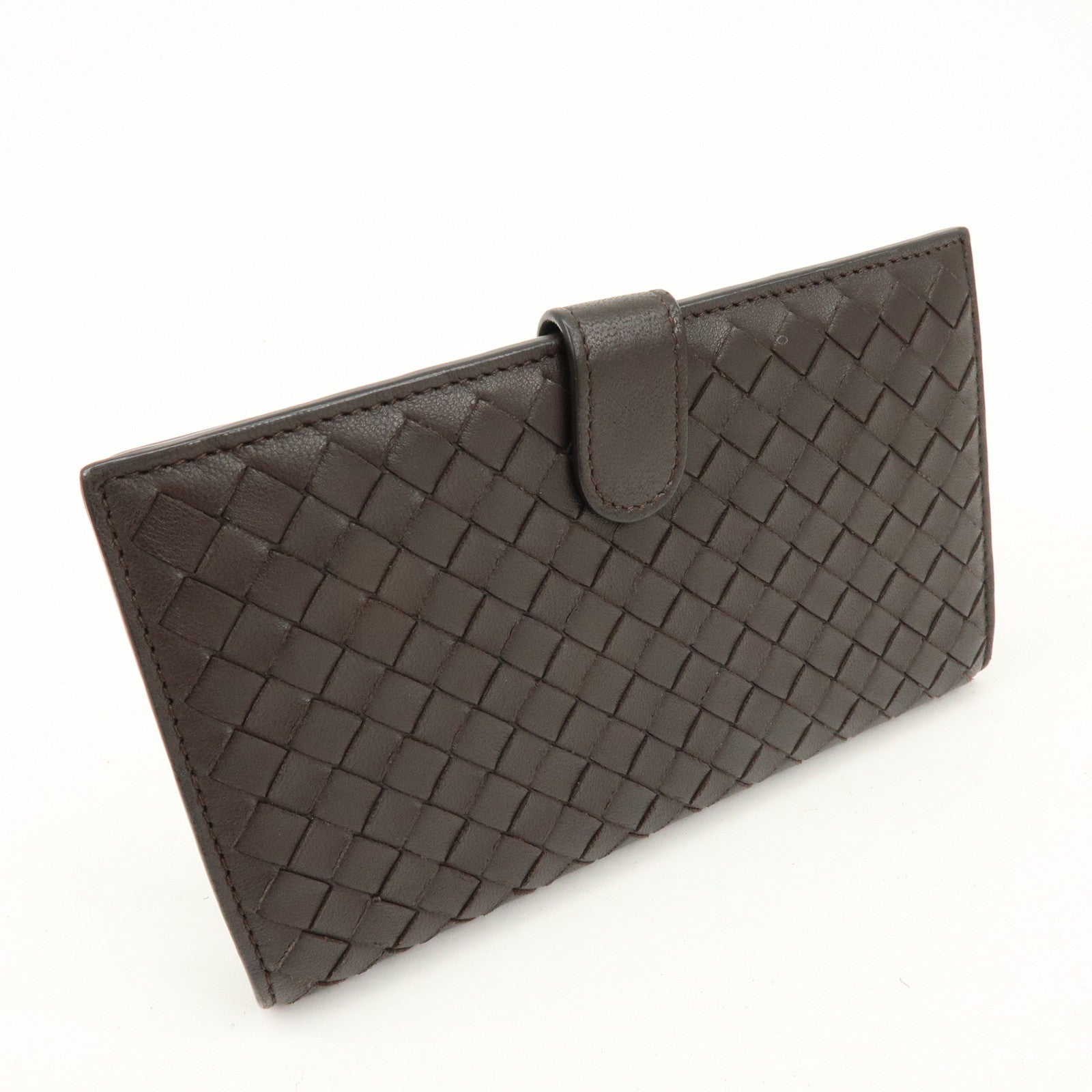 BOTTEGA VENETA Intrecciato Leather Bi-fold Long Wallet Dark Brown