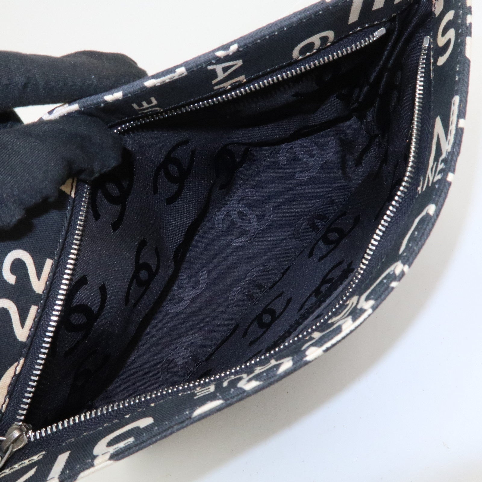 CHANEL By Sea Line Canvas Clutch Bag Cosmetic Pouch Black White