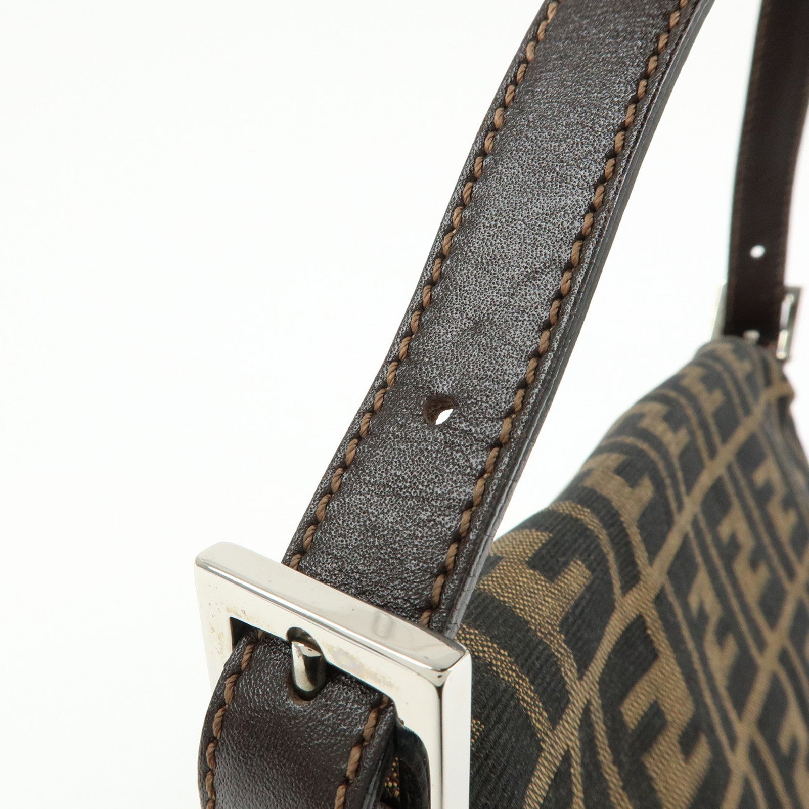 FENDI Mamma Baguette Zucca Canvas Leather Shoulder Bag Brown 26325