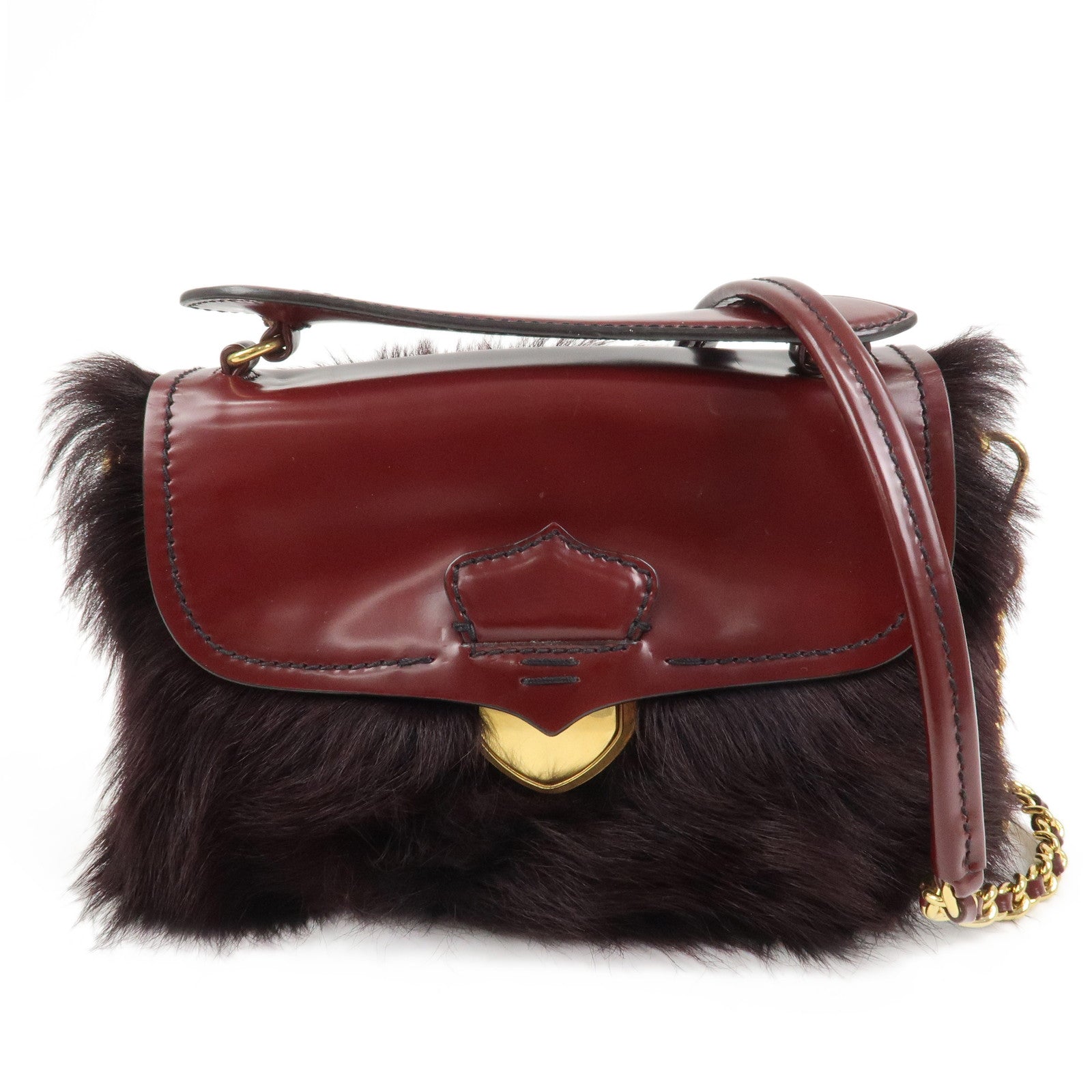 PRADA Leather Fur Chain Shoulder Bag Crossbody Bag Brown BP0368