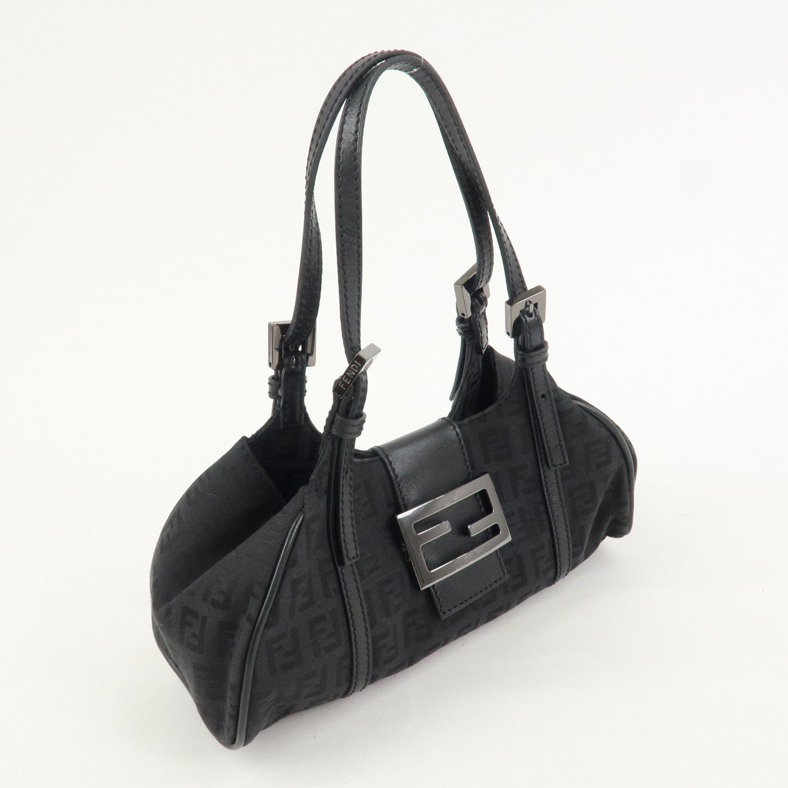 FENDI Zucchino Canvas Leather Hand Bag Shoulder Bag Black 8BR437