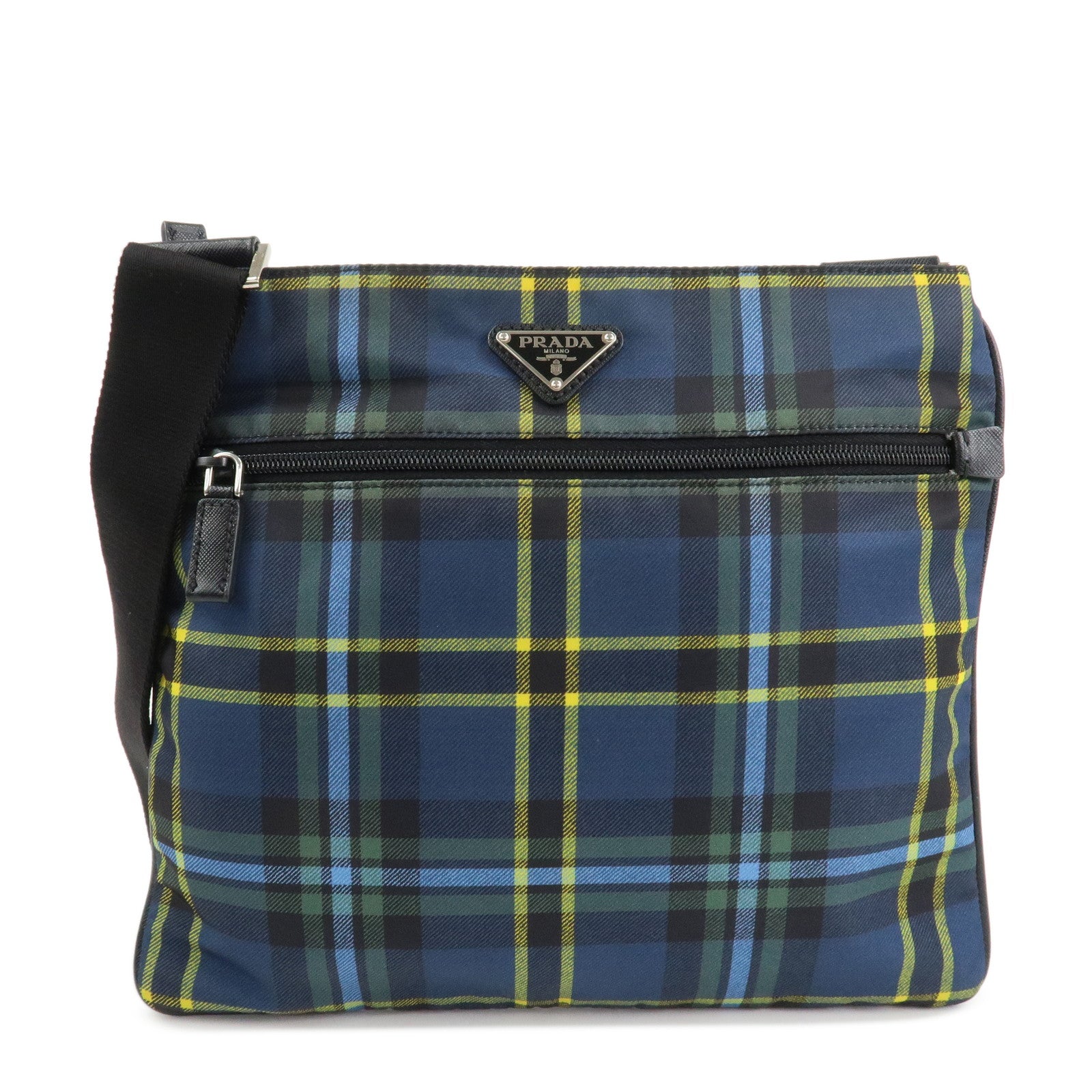 PRADA Triangle Logo Nylon Plaid Shoulder Bag Navy Multicolor VA053M Used