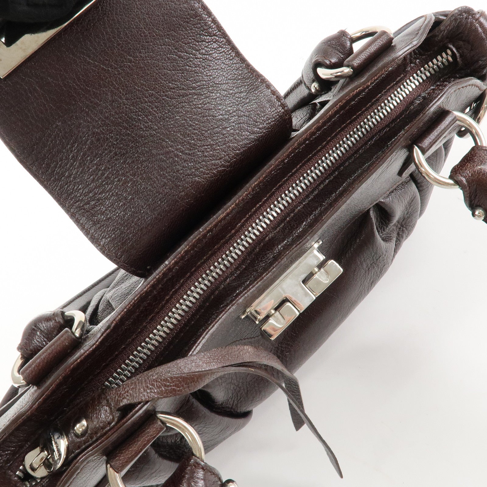 Ferragamo Ganchini Leather Shoulder Bag Hand Bag Dark Brown Used