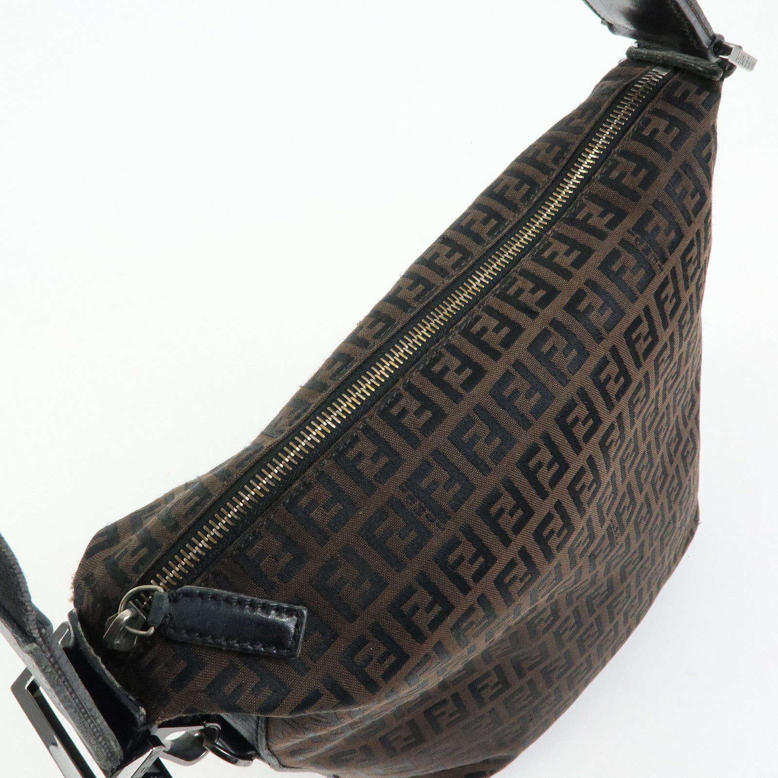 FENDI Zucchino Canvas Leather Shoulder Bag Brown Black 7VA004