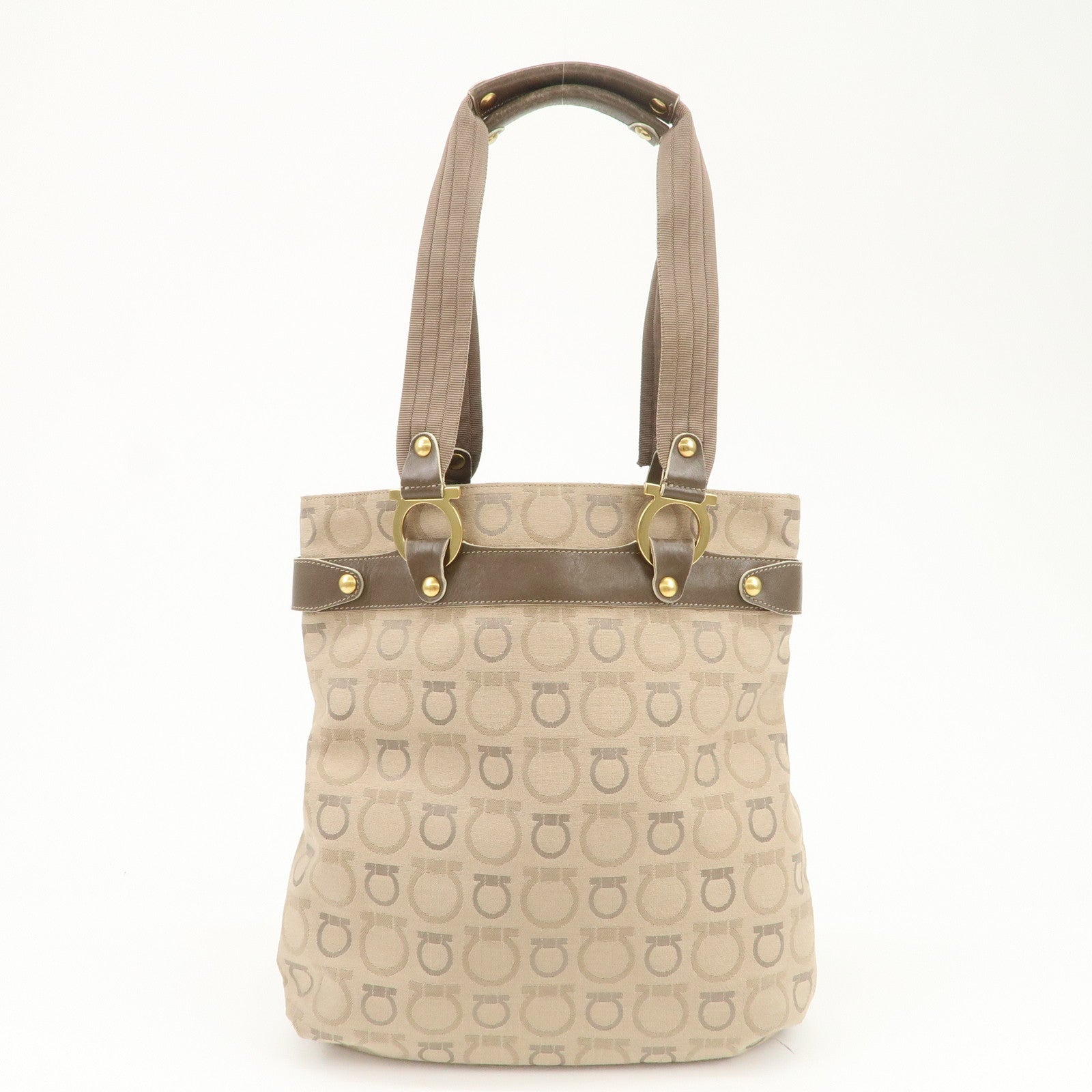 Ferragamo Gancini Canvas Leather Shoulder Bag Tote Bag Brown