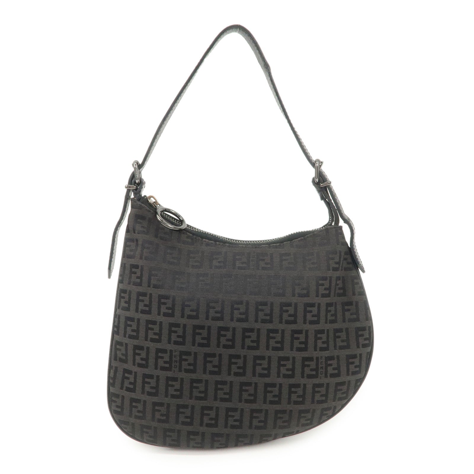 FENDI Zucchino Canvas Leather Shoulder Bag Hand Bag Black 8BR248