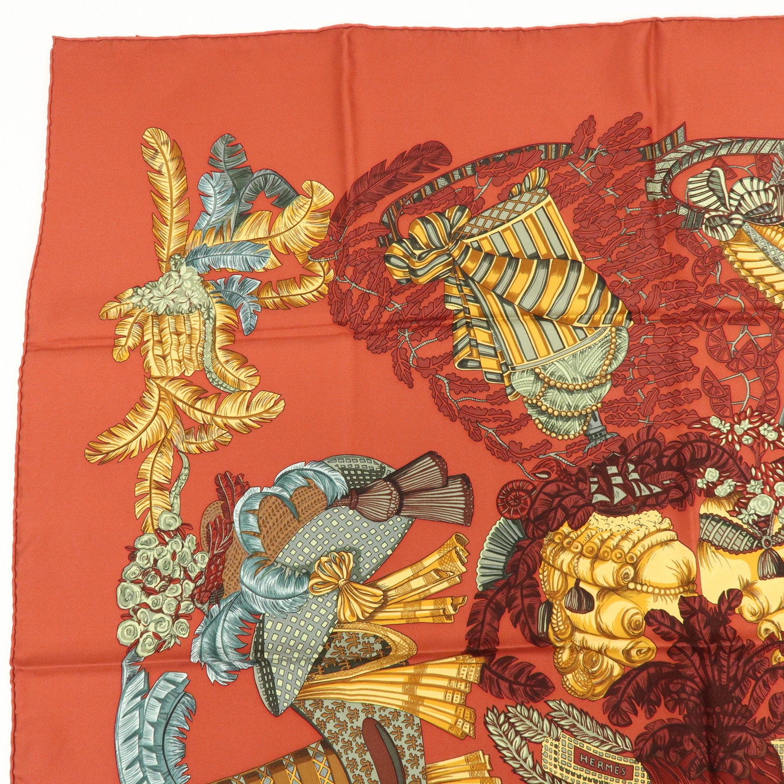HERMES Carre 90 Silk 100% Scarf chapeau Scarf Red Brown