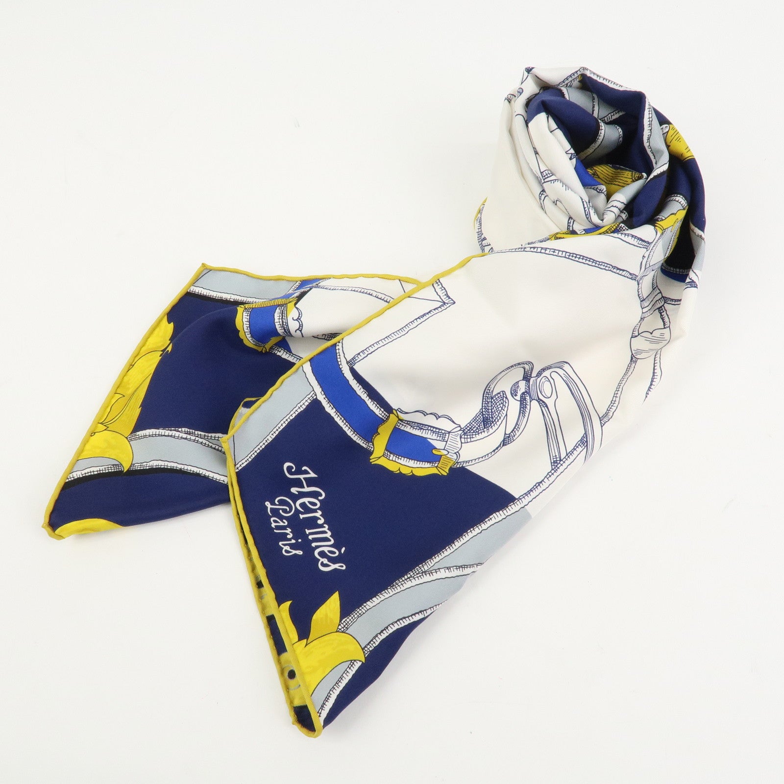 HERMES Maxi Twilly Silk 100% Scarf L'INSTRVCTION DV ROY Blue White