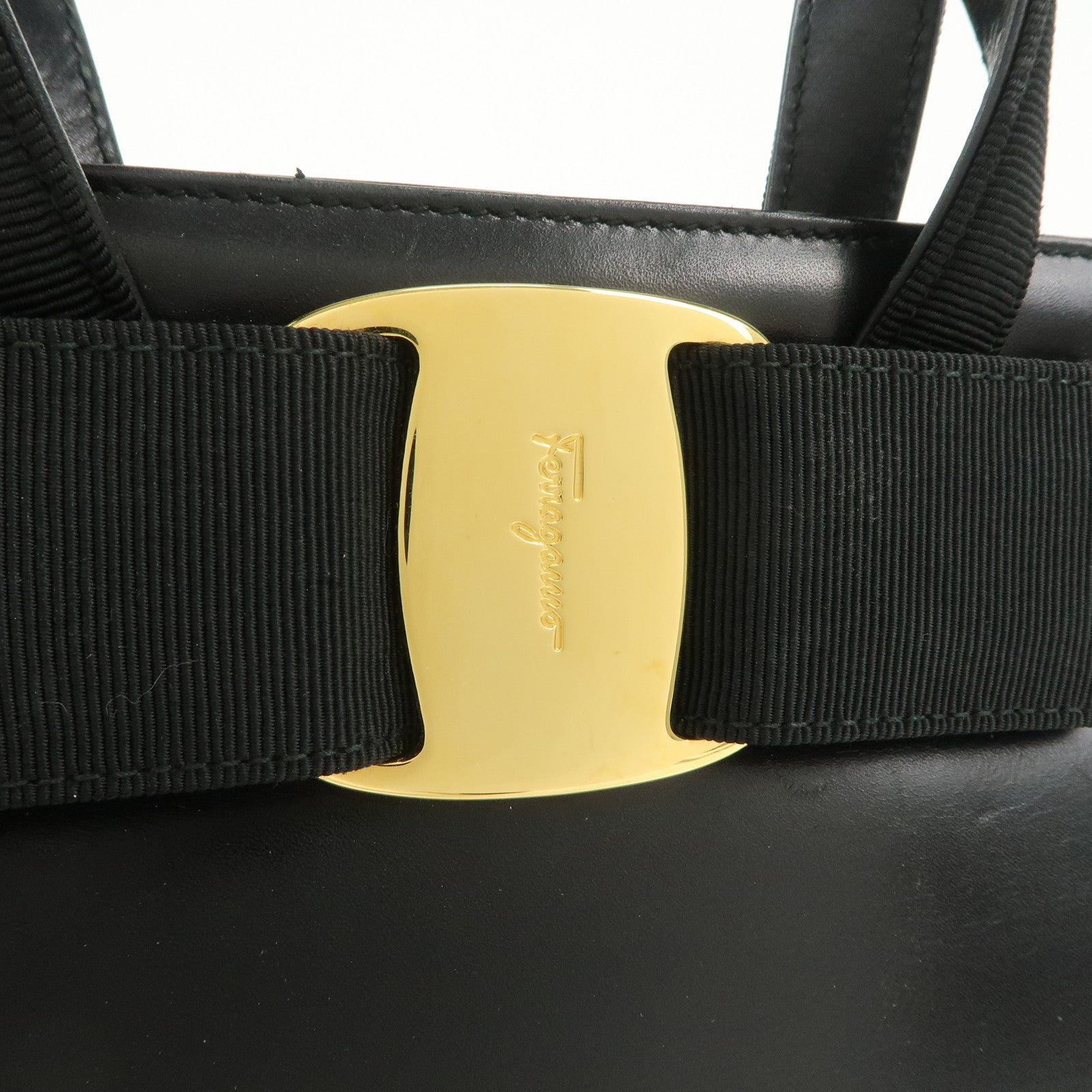 Ferragamo Vara Ribbon Leather Hand Bag Black Gold HDW