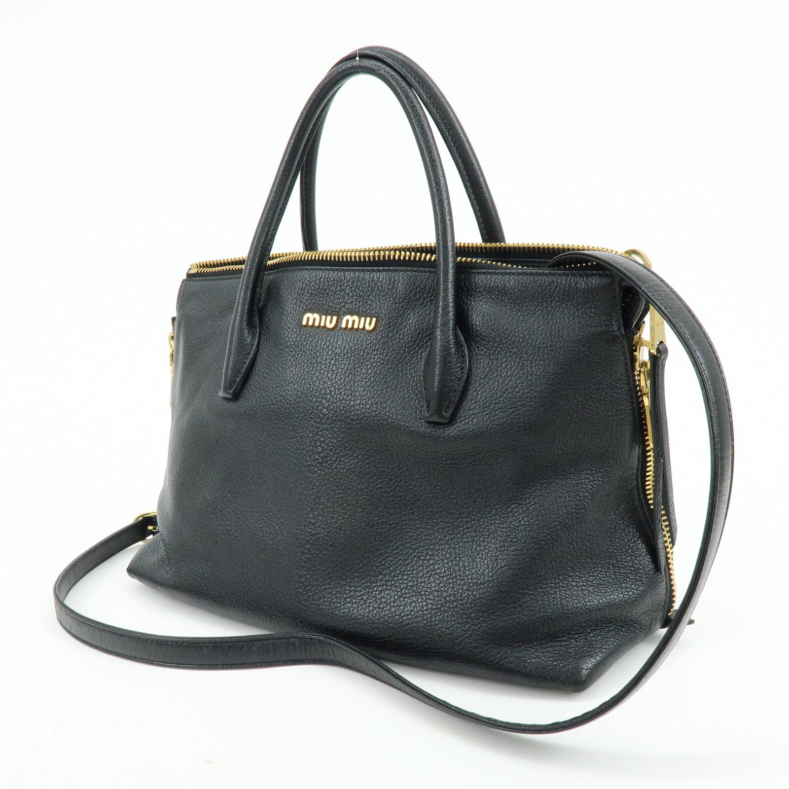 MIU MIU Leather 2Way Bag Hand Bag Shoulder Crossbody Bag Black