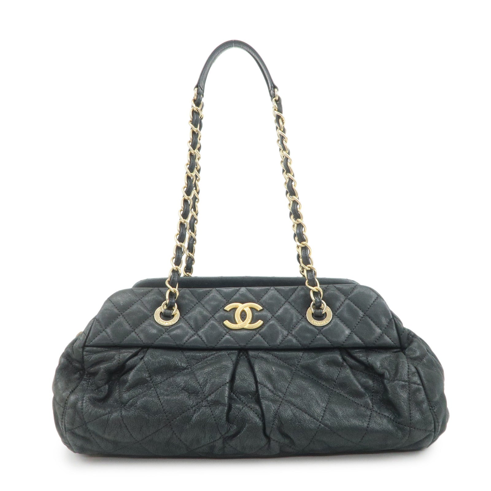 CHANEL Matelasse COCO Mark Lamb Skin Shoulder Bag Black A50475
