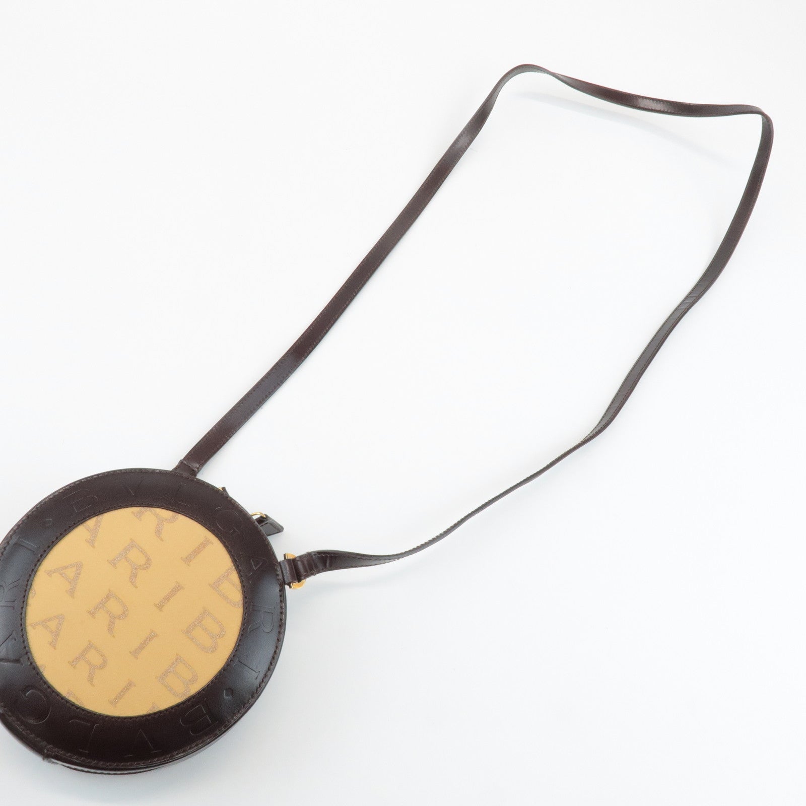 BVLGARI Logo Mania Canvas Leather B-Zero1 Drum Shoulder Bag Brown Used