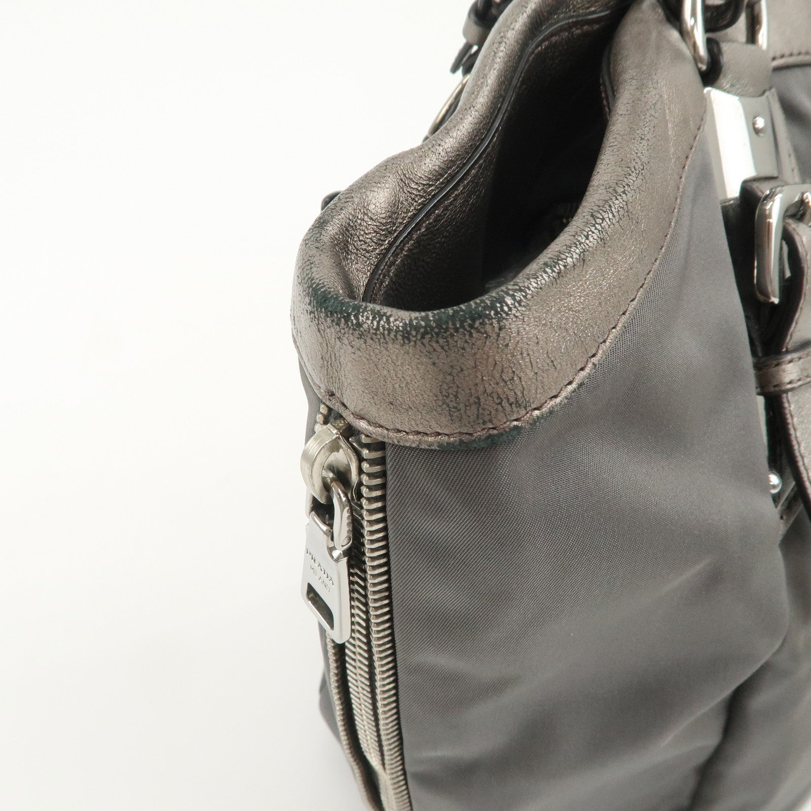 PRADA Logo Nylon Leather Tote Bag Shoulder Bag Gray BR4007