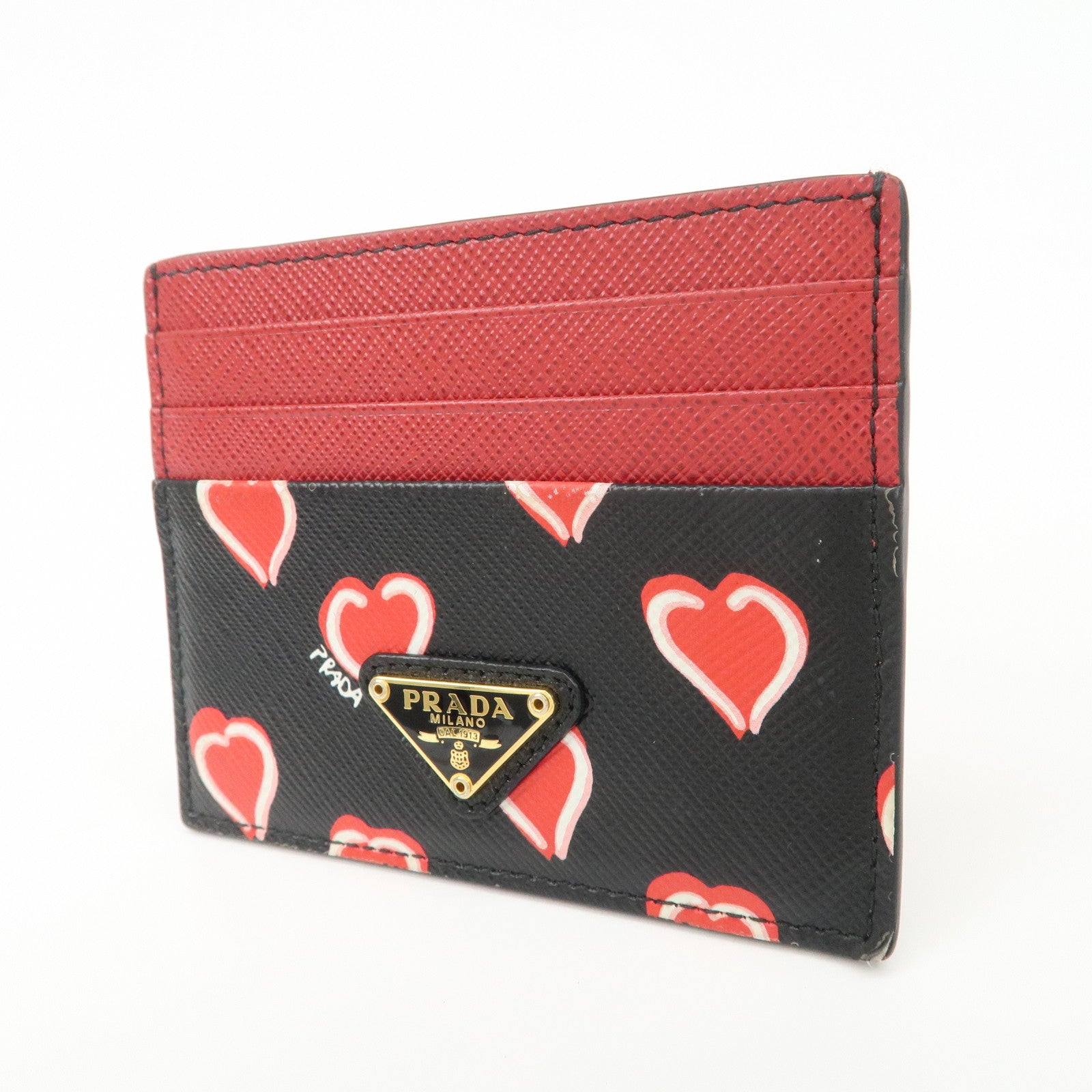 PRADA Saffiano Leather Heart Card Case Black Red White 1MC025