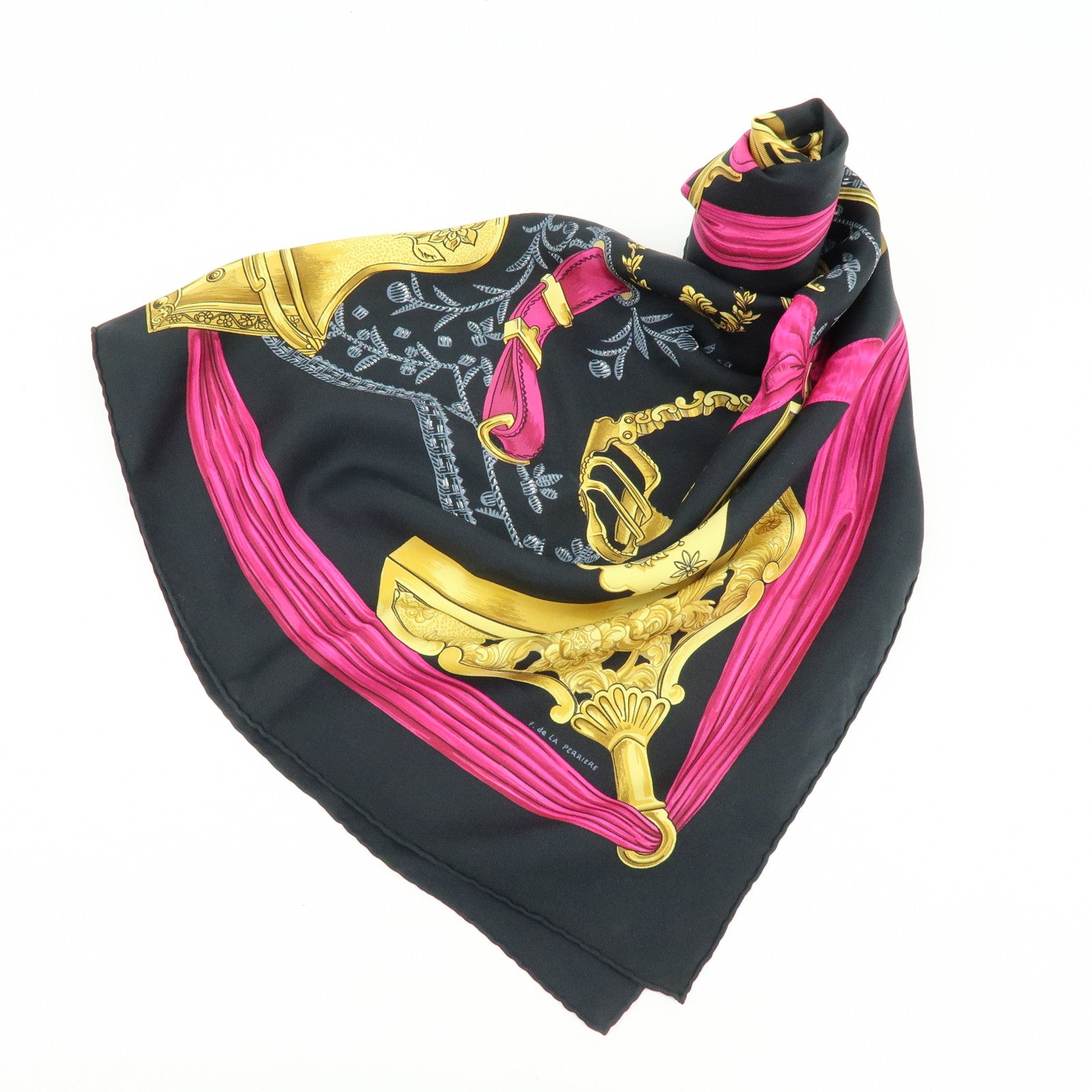 HERMES Carre 90 Silk 100% Scarf ETRIERS Stirrup Print Black Pink