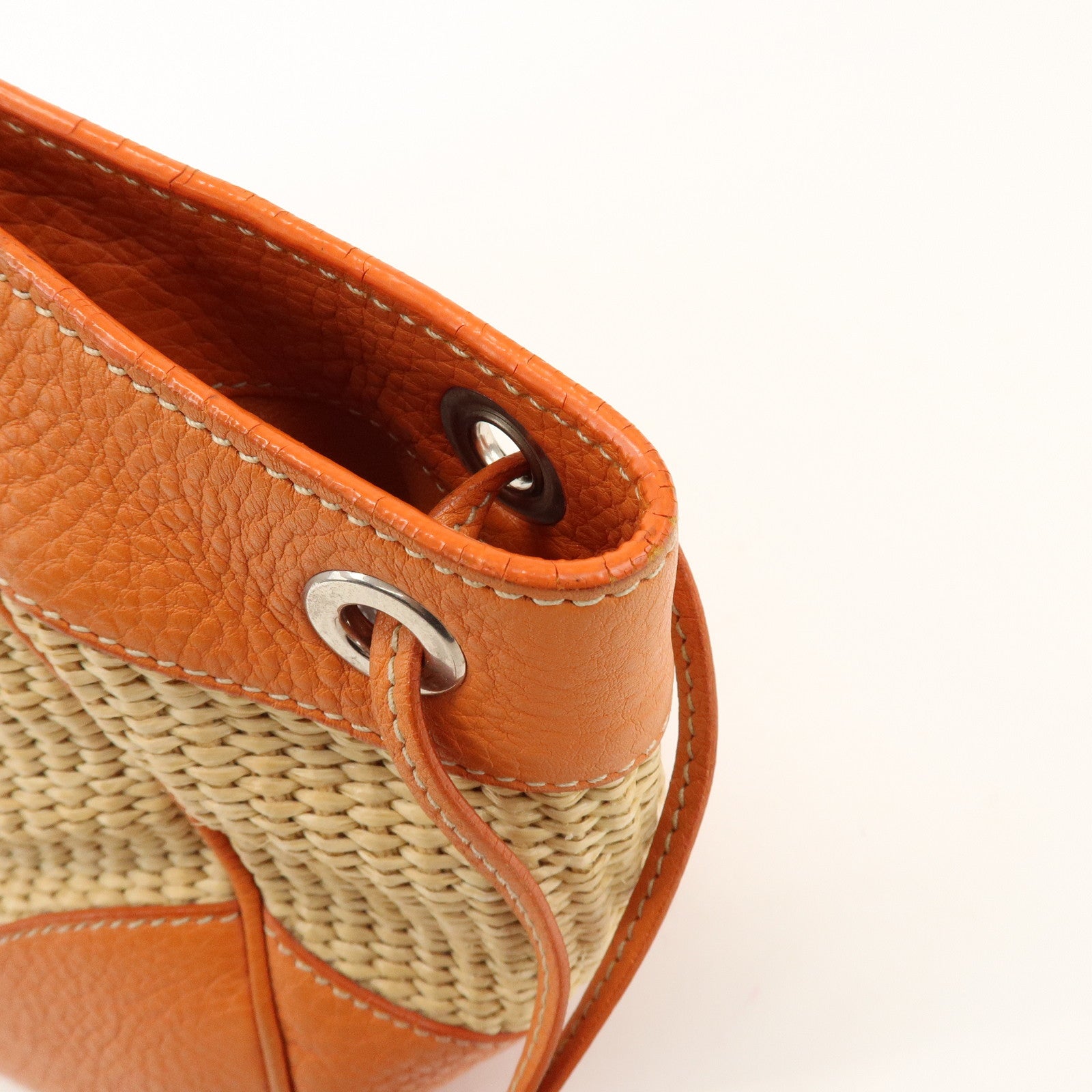 PRADA Triangle Logo Raffia Leather Shoulder Bag Natural Orange
