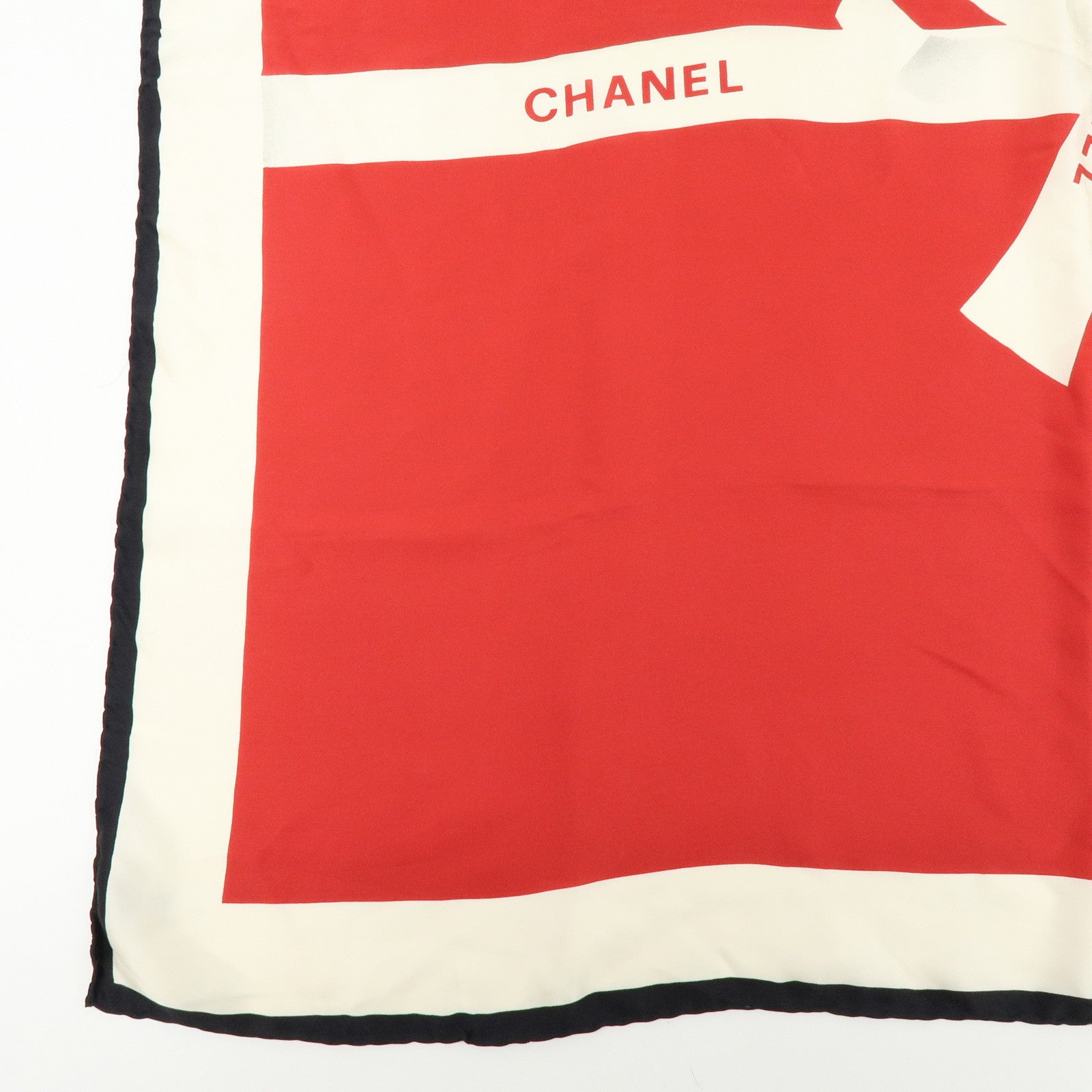 CHANEL Logo Silk 100% Scarf Ribbon Motif Red Ivory Black