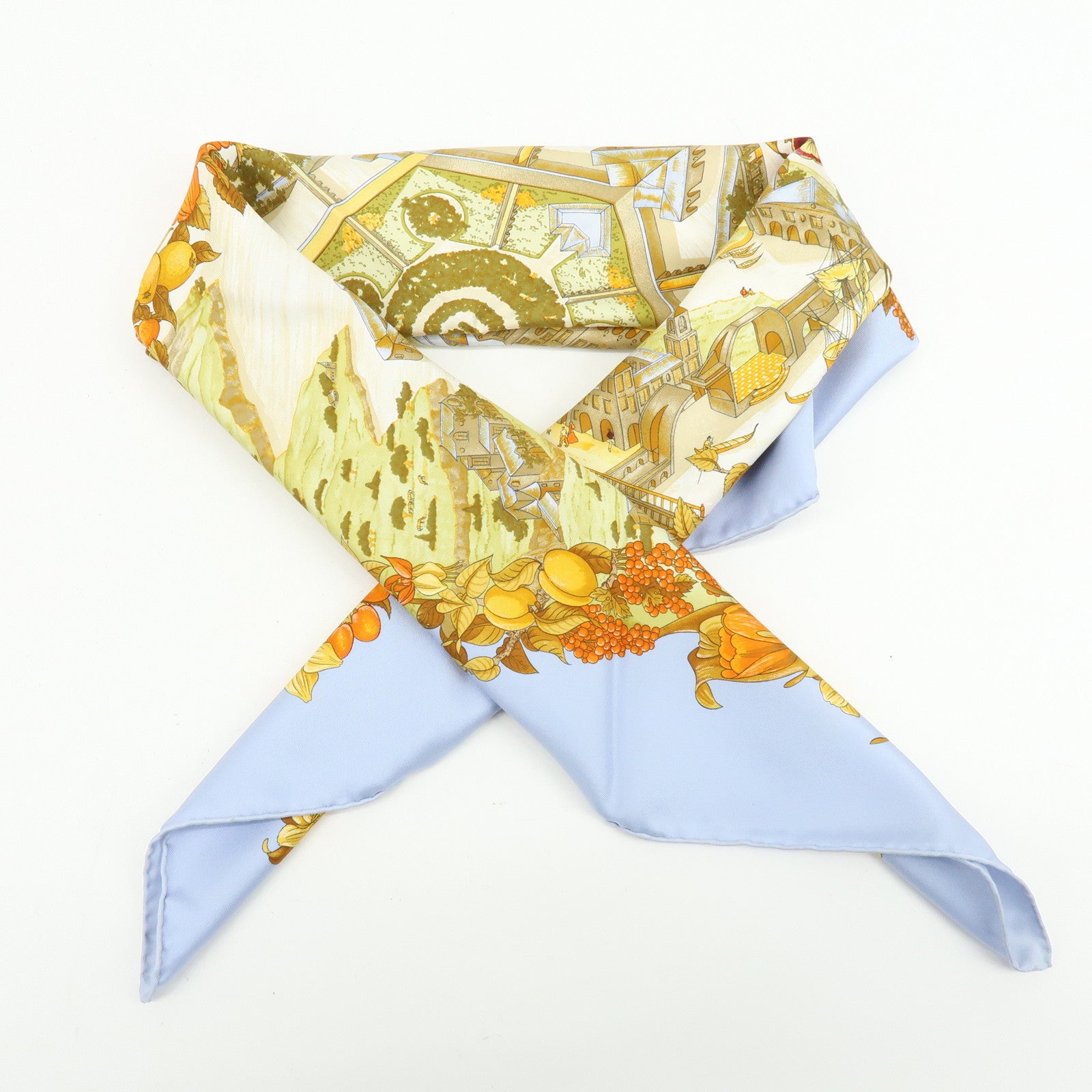 HERMES Carre 90 Silk 100% Scarf Au Pays de Cocagne Blue Brown