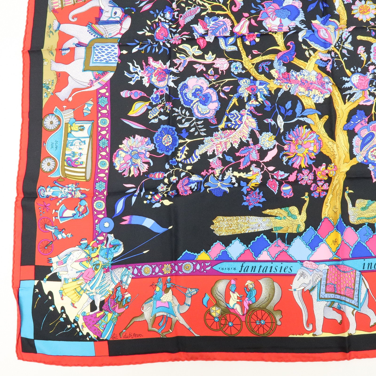 HERMES Carre 90 Silk 100% Scarf Fantaisies indiennes Black Red Blue