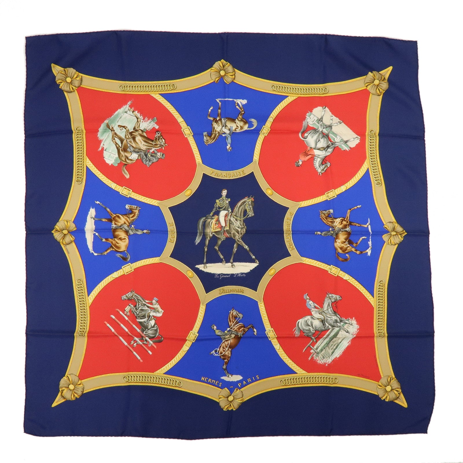 HERMES Carre 90 Silk 100% Scarf Le General LA Hotte Navy Red Blue