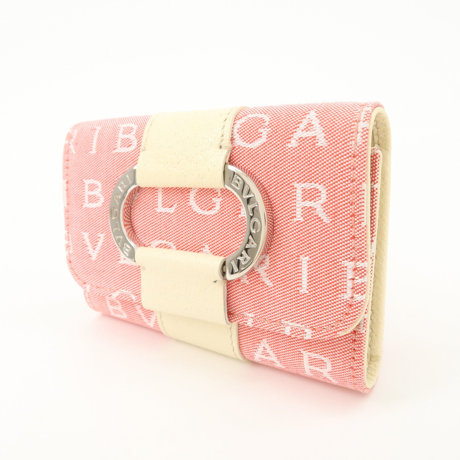 BVLGARI Logo Maniac Canvas Leather 6 Key Case Coin Case Pink White Used