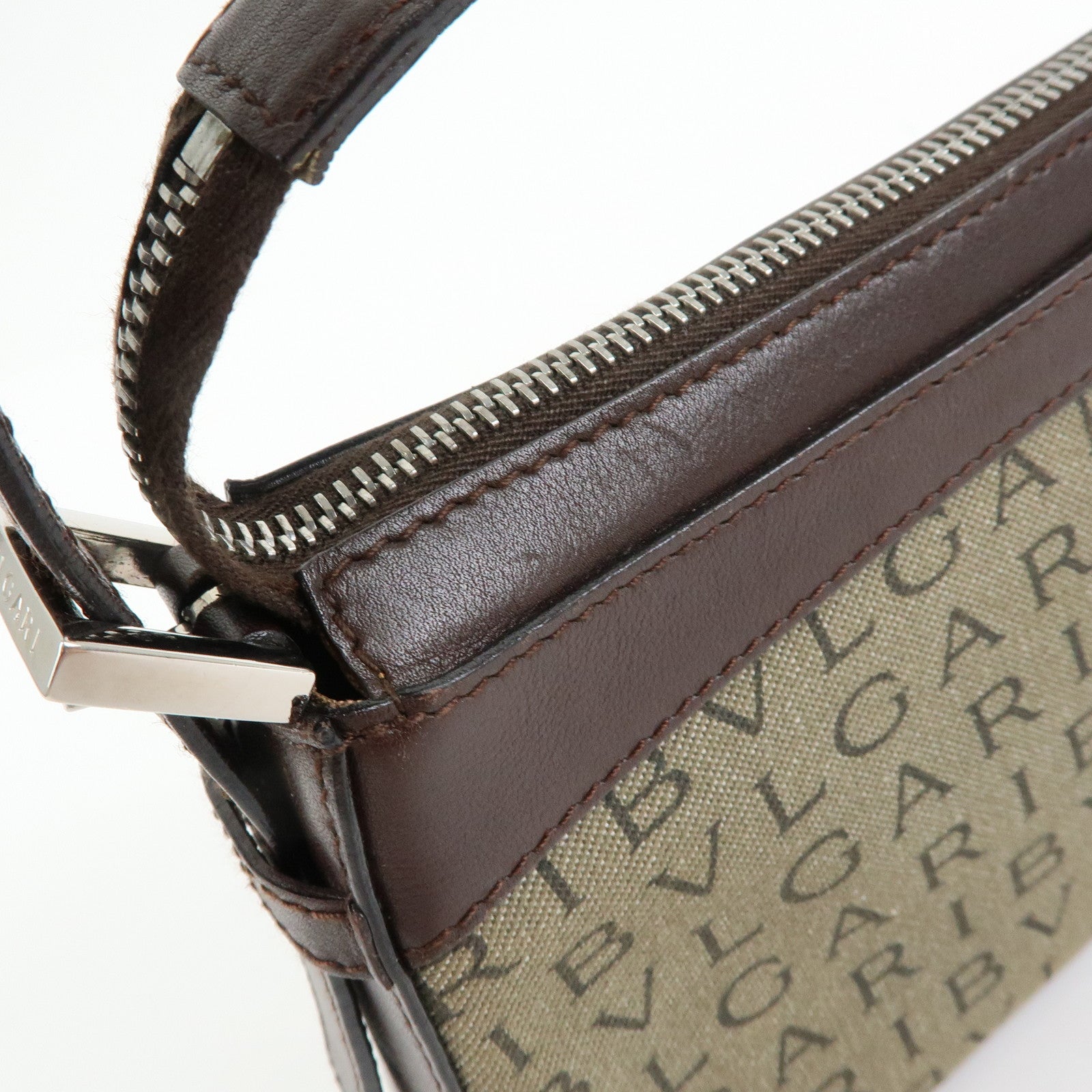 BVLGARI Logo Mania Canvas Leather Shoulder Bag Hand Bag Khaki