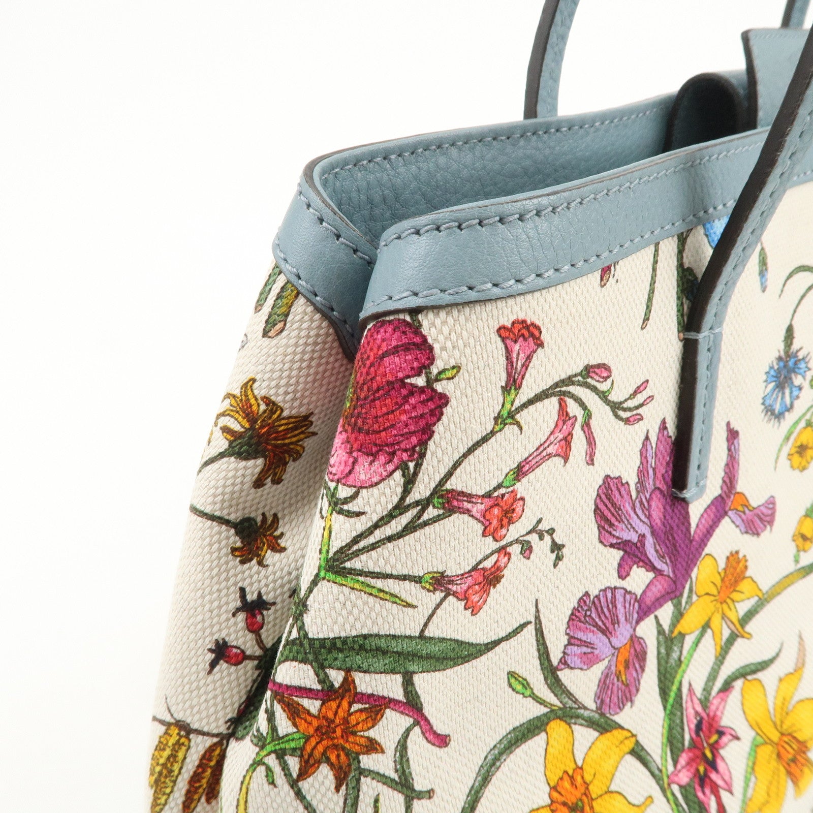 GUCCI Flora Canvas Leather Tote Bag Hand Bag Natural Blue 358470