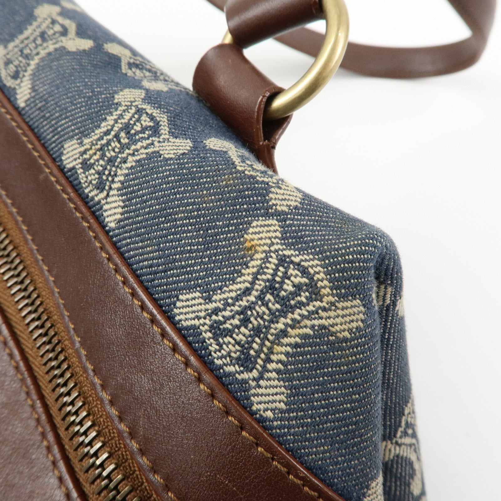 CELINE Macadam Denim Leather Shoulder Bag Hand Bag Blue Brown