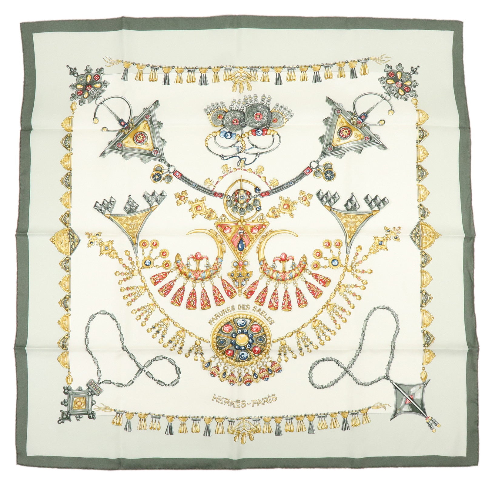 HERMES Carre 90 Silk 100% PARURES DES SABLES White Gray