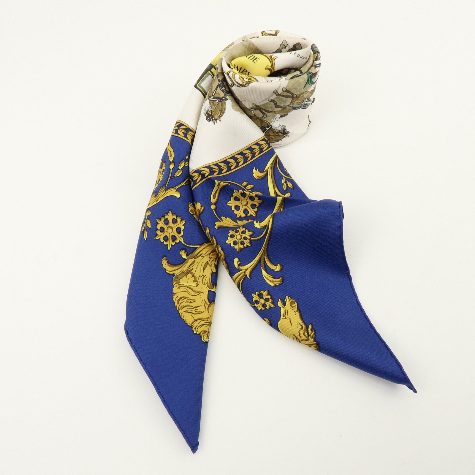 HERMES Carre 90 Silk 100% Scarf LA PROMENADE DE LONGCHAMPS Blue