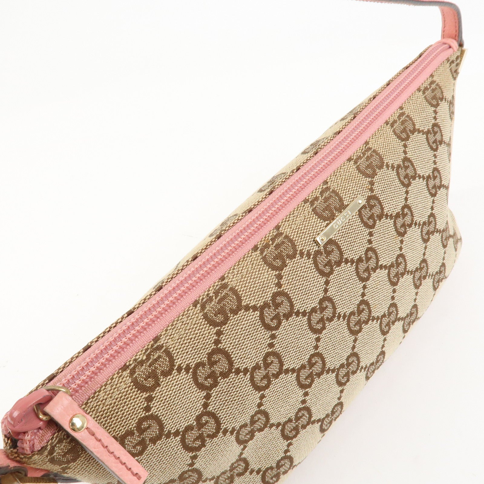 GUCCI Boat Bag GG Monogram Canvas Leather Hand Bag Beige Pink 07198