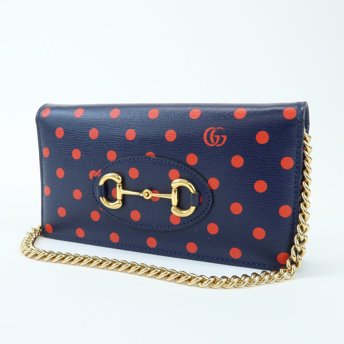 GUCCI Horsebit 1955 Calf Leather Chain Long Wallet Navy Red 621892