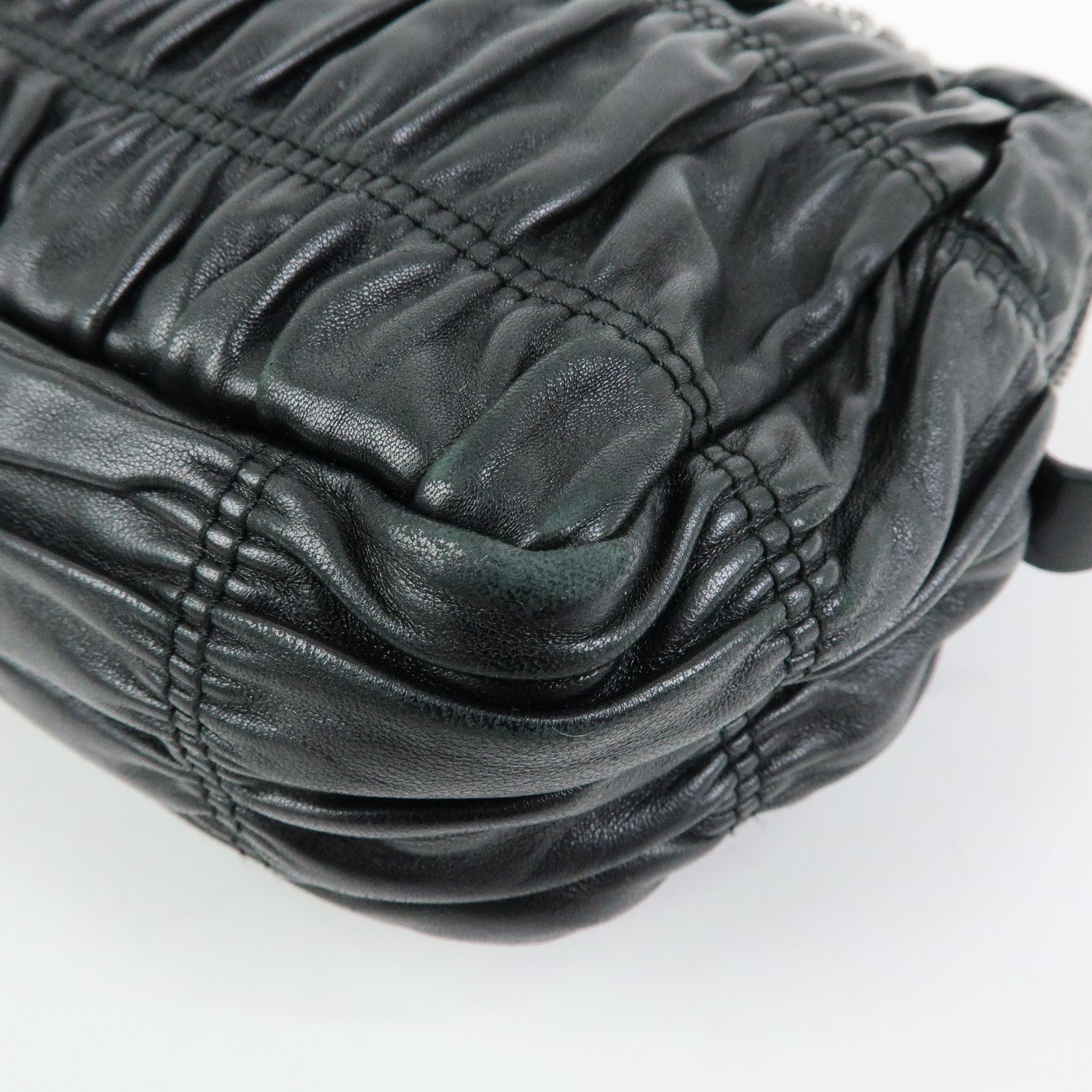 PRADA Logo Nappa Leather Gathered Chain Shoulder Bag Black