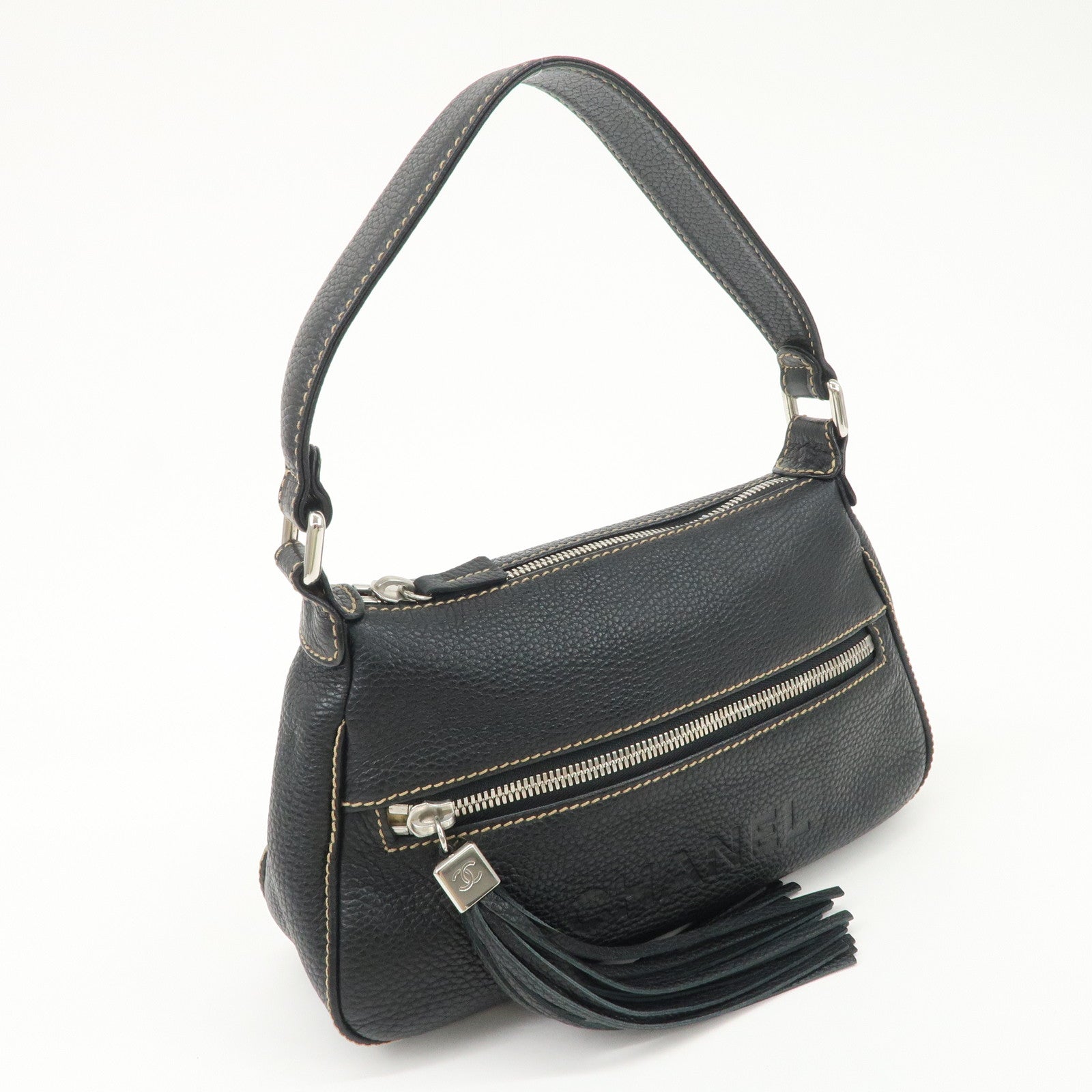 CHANEL Caviar Skin Leather Logo Fringe Shoulder Bag Gold HDW Black Used