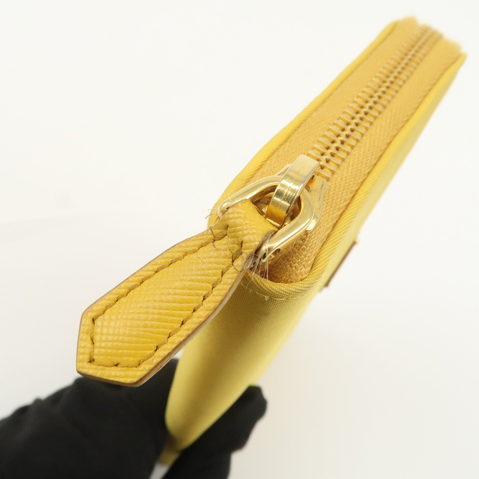 PRADA Triangle Logo Nylon Leather Round Zippy Long Wallet Yellow