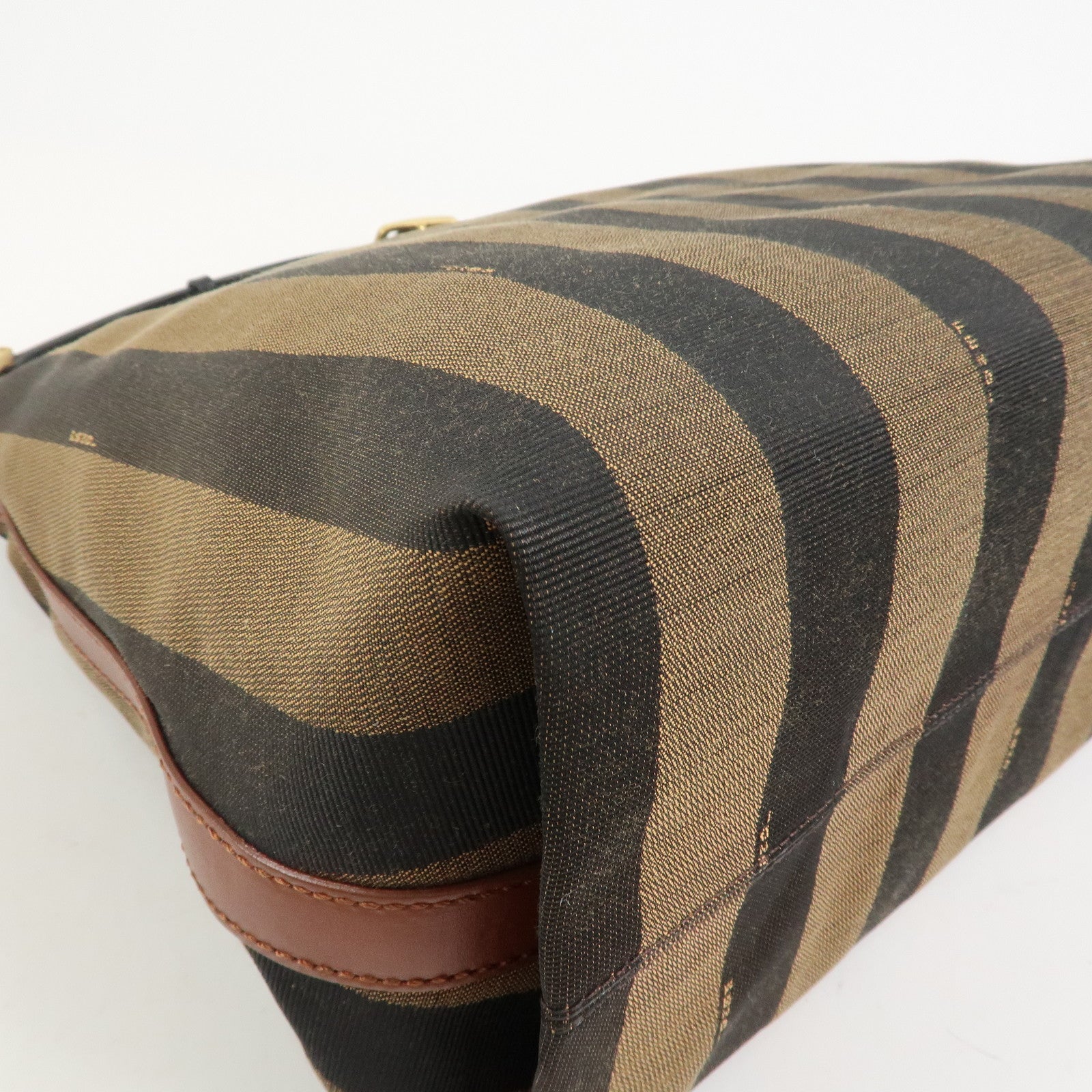 FENDI Pequin Canvas Leather Shoulder Bag Hand Bag Brown 8BR653