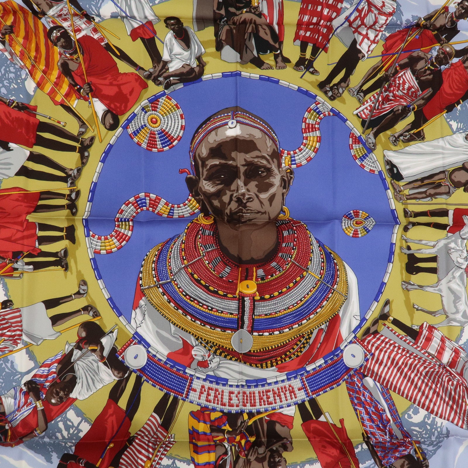 HERMES Carre 90 Silk 100% Scarf PERLES DU KENYA Blue Multicolor