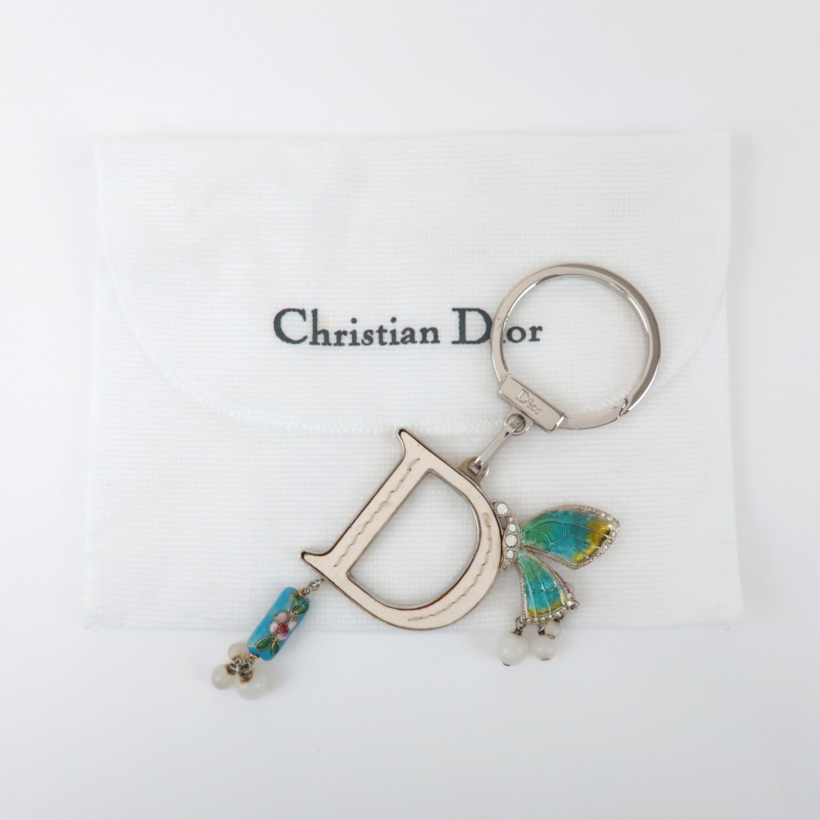 Christian Dior Metal Leather Butterfly Bag Charm Key Chain White