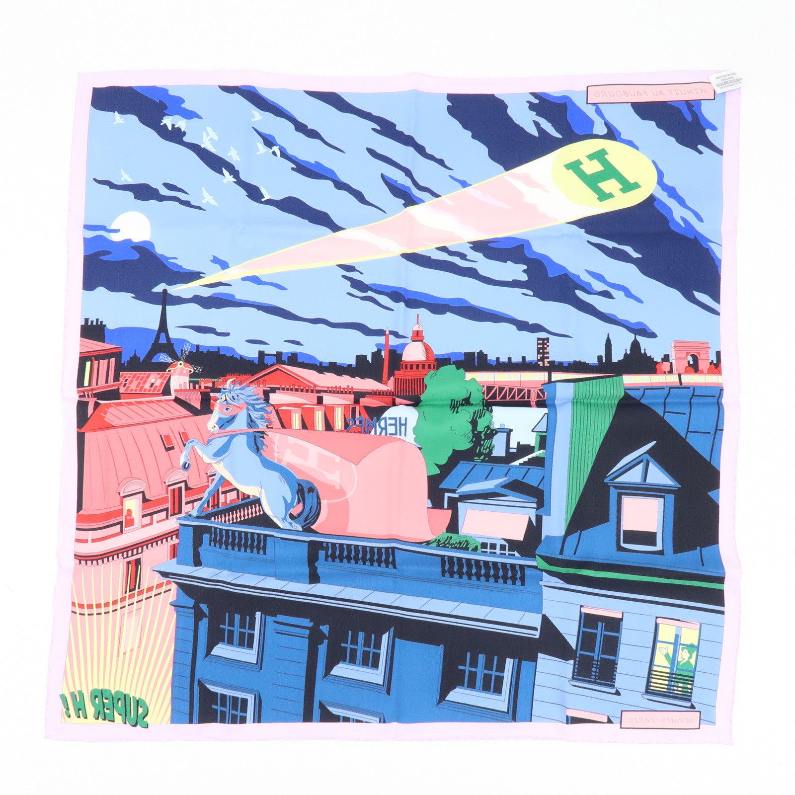 HERMES Carre 70 Silk 100% Scarf MINUIT AU FAUBOURG Blue Pink