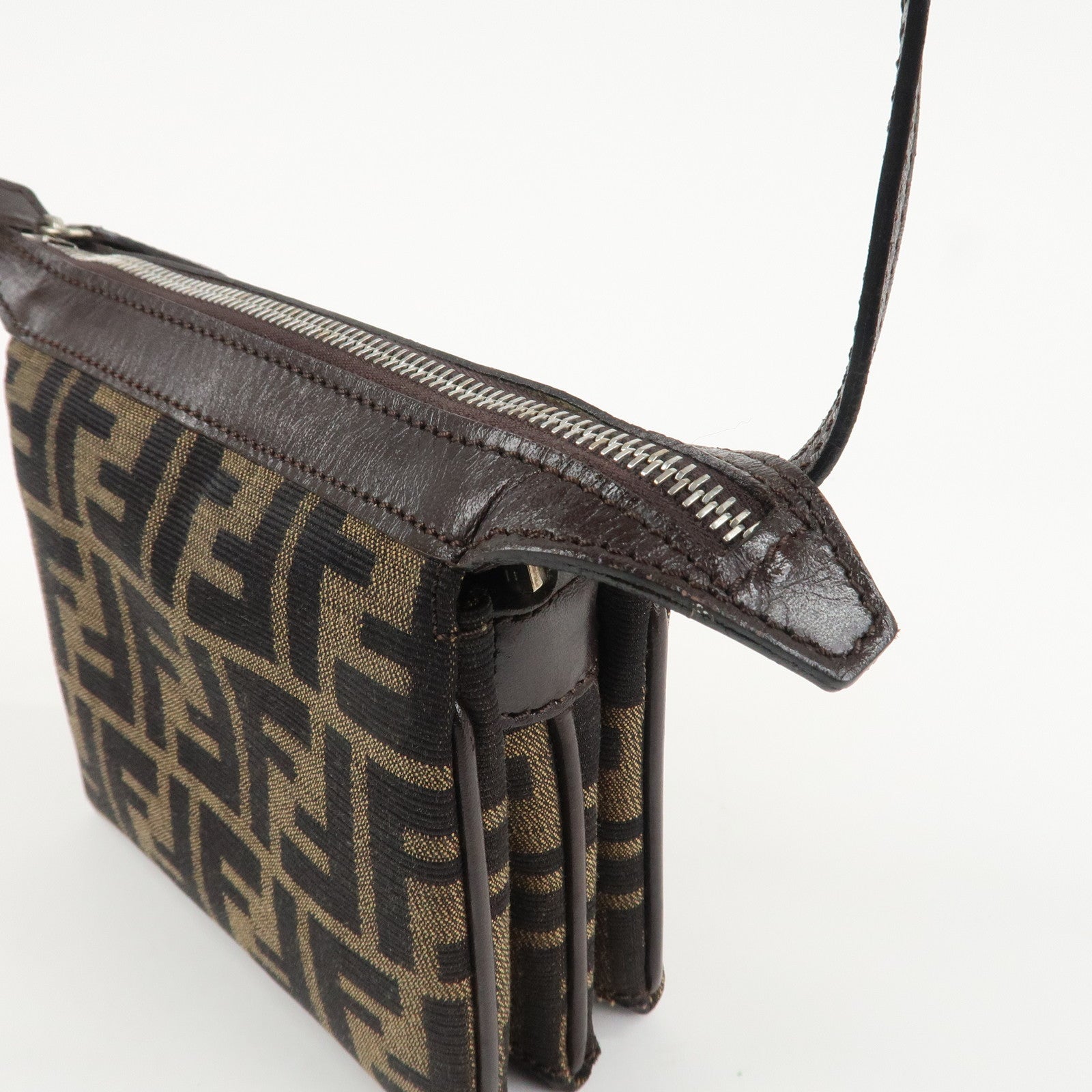 FENDI Zucca Canvas Leather Shoulder Bag Black Brown Silver HDW Used