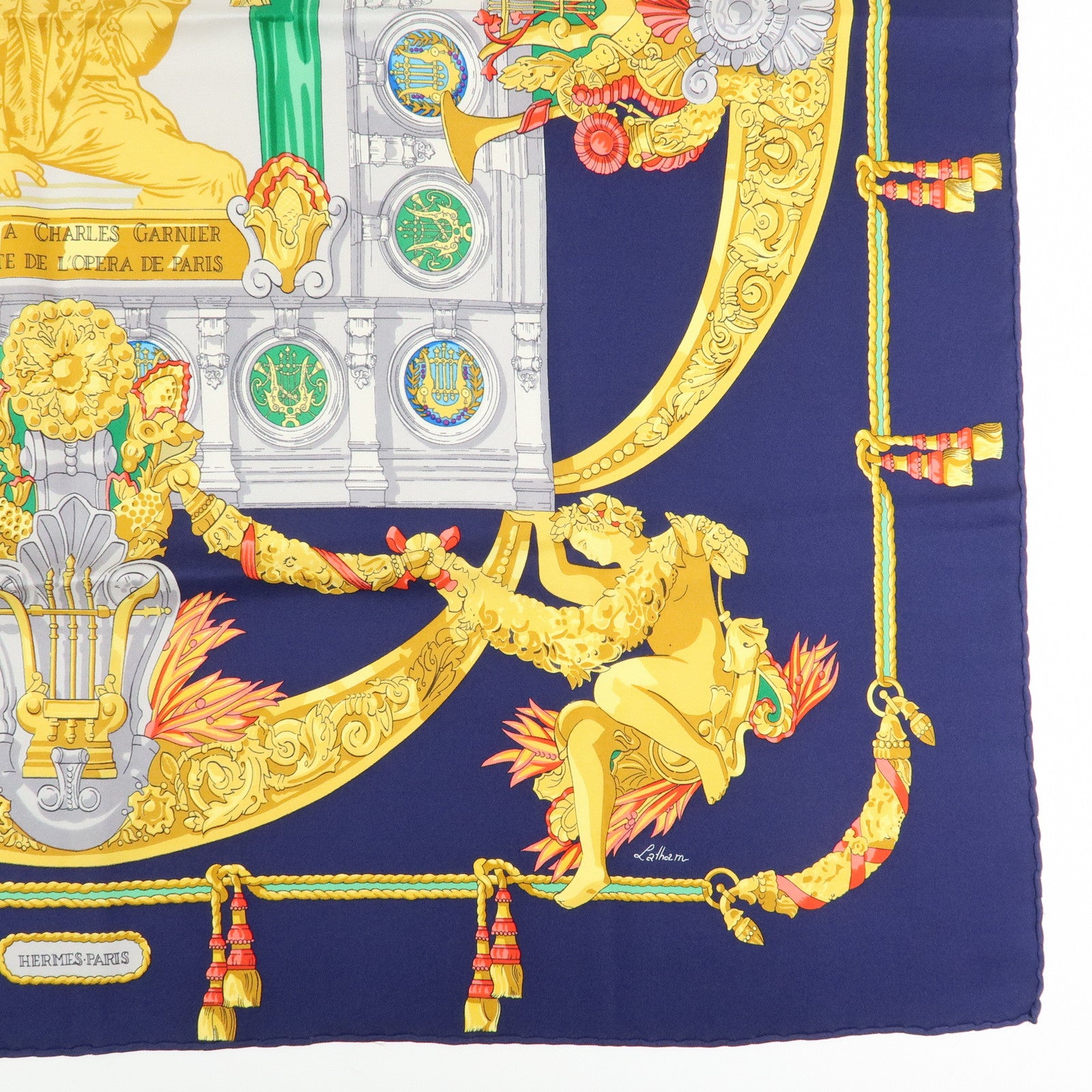 HERMES Carre 90 Silk 100% Scarf HOMMAGE A CHARLES GARNIER Navy
