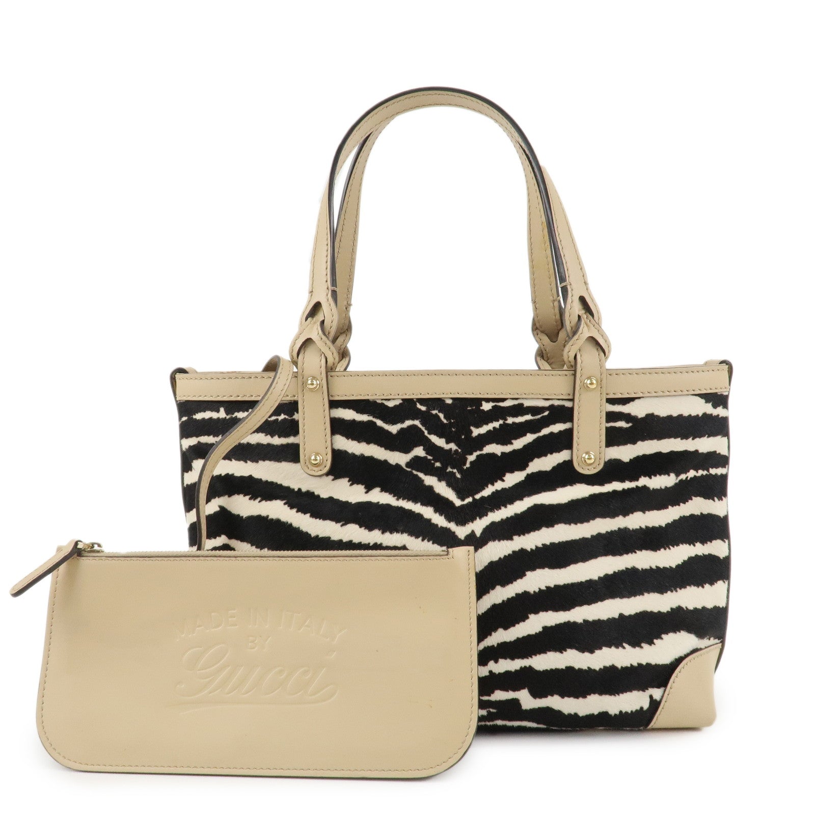 GUCCI Craft Unborn Calf Leather Tote Bag Zebra Pattern Beige 23793 Used