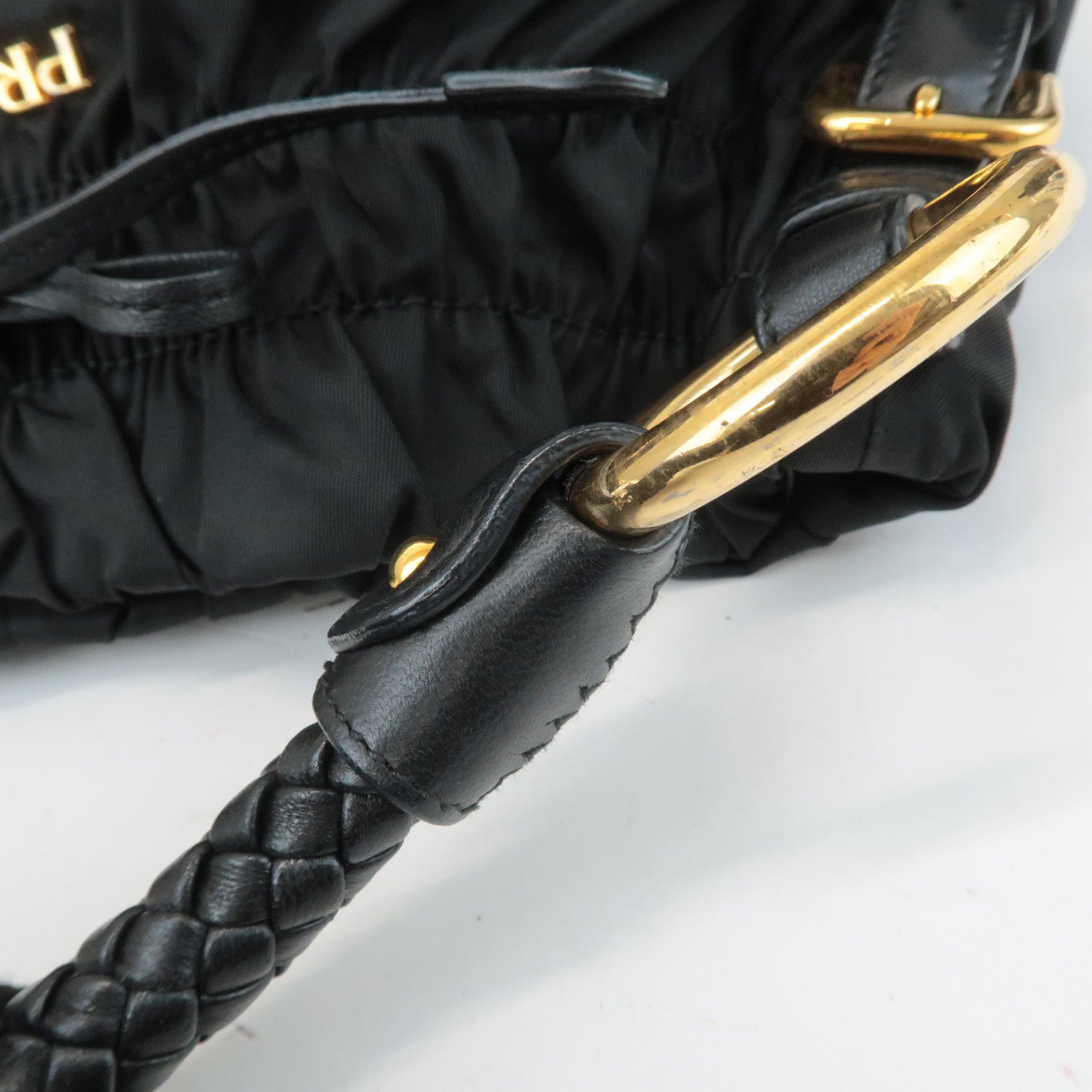 PRADA Ribbon Leather Nylon Shoulder Bag Hand Bag Black