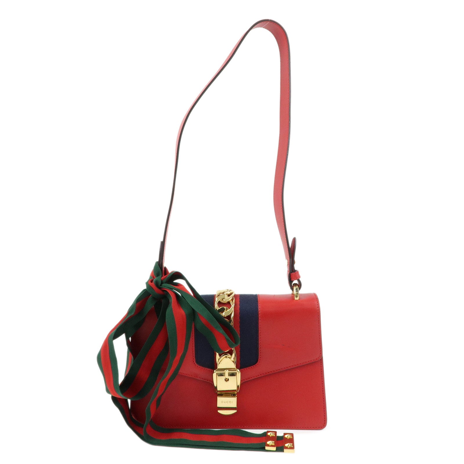 GUCCI Sylvie Sherry Leather Shoulder Bag Red Ribbon Red 421882